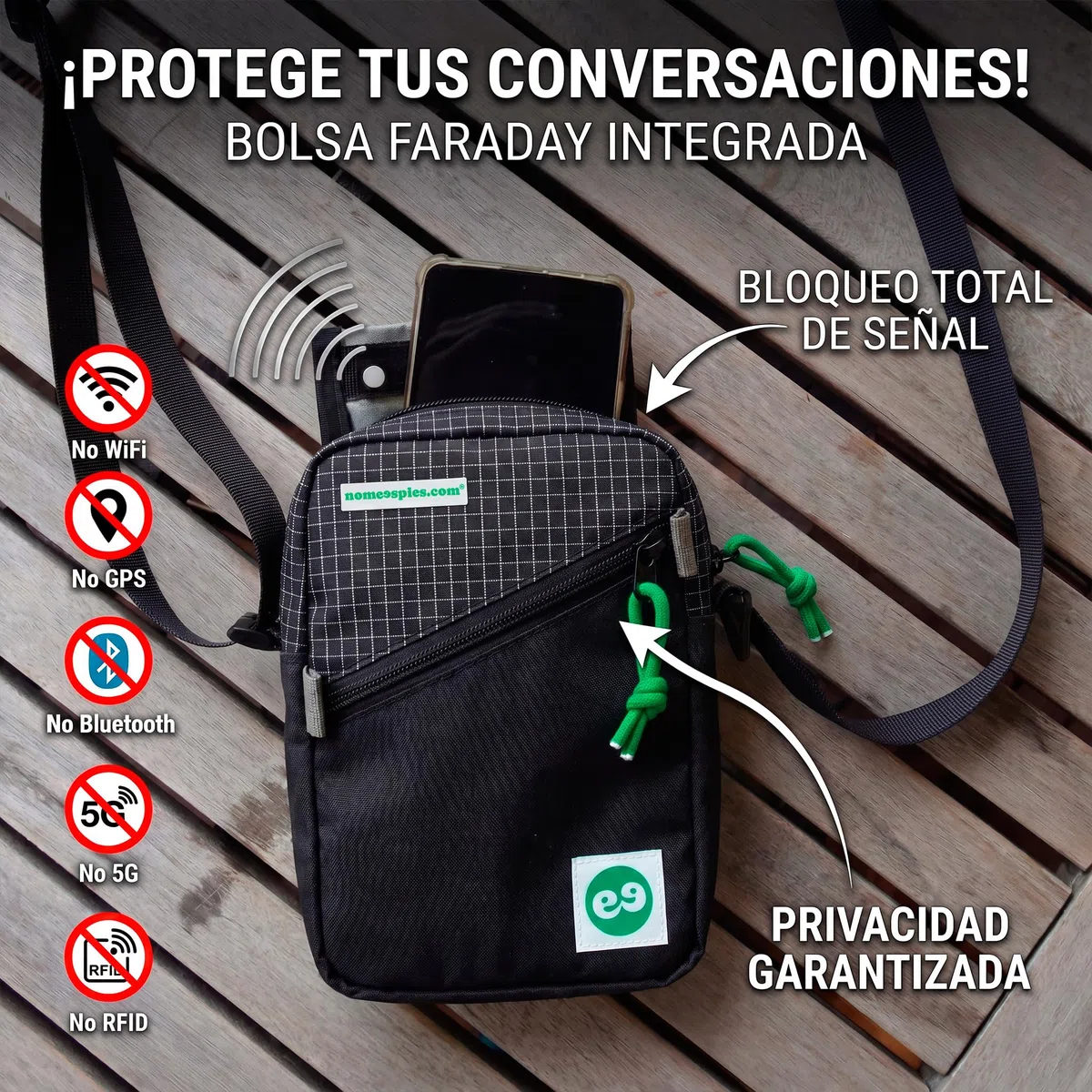 Bolso Faraday Anti-escucha Móvil y Anti-espionaje | Bandolera Unisex con Bolsillo que Impide que te Escuchen (GPS/WiFi/5G/RFID) | Mochila Techwear Impermeable Antirrobo 1.5L