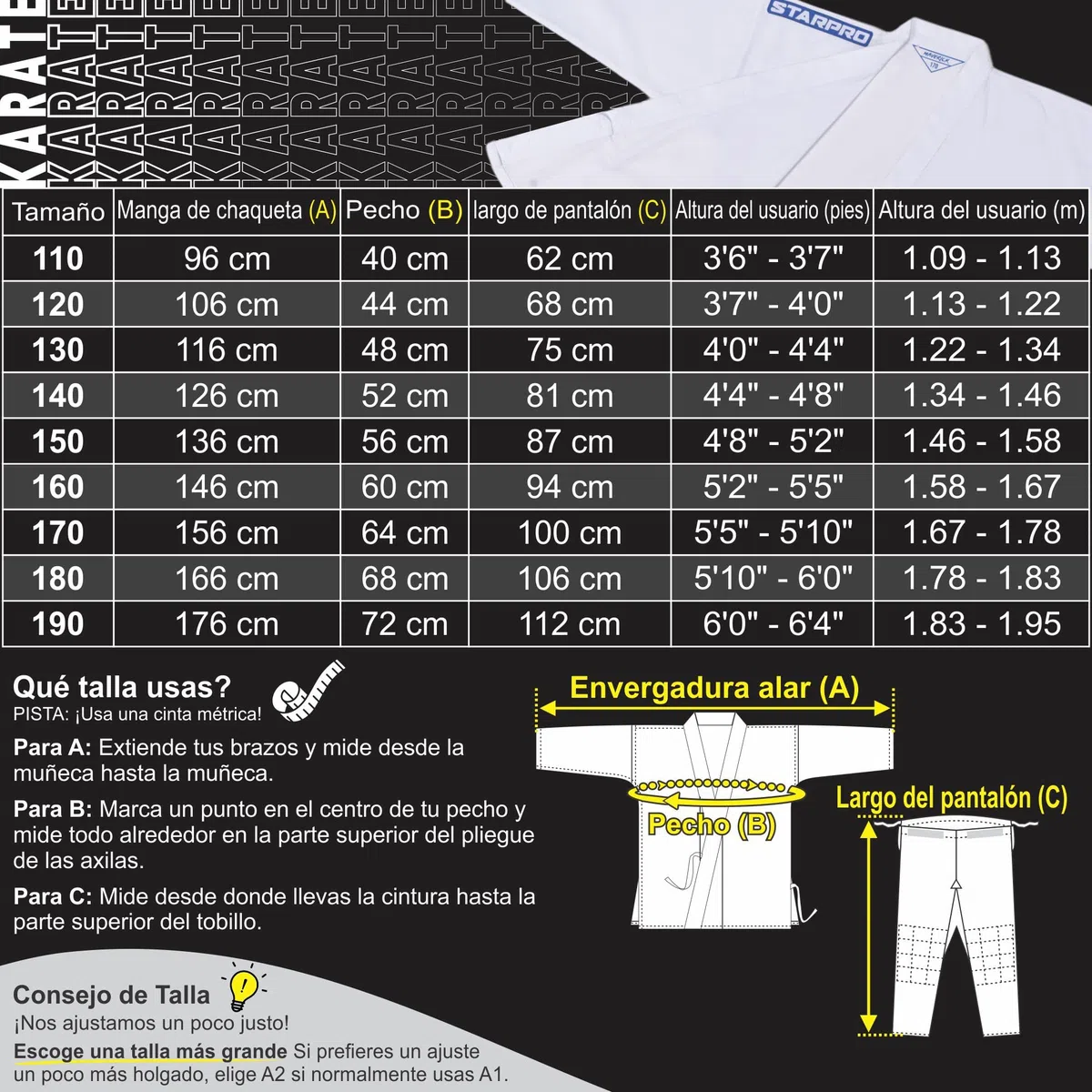 Starpro Karate Gi - Uniforme Profesional para Entrenamiento y competición - Kimono Karate de algodón Ligero Blanco con cinturón - Hombres Mujeres y Niños - 110-190 cm - Brillante Blanco
