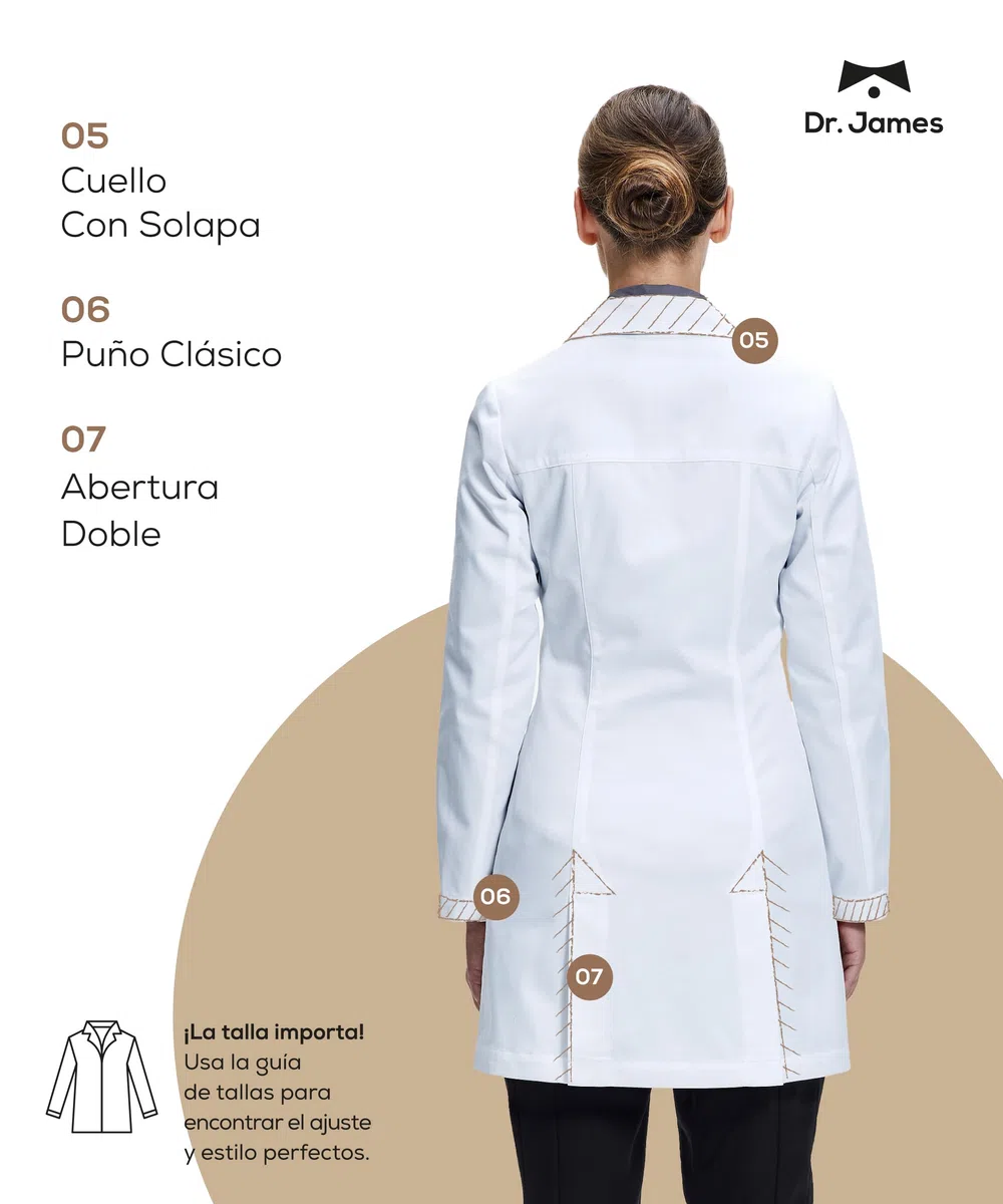 Dr. James Bata de laboratorio Premium mujeres, con bolsillos laterales, ajuste entallado, cierre a presión oculto