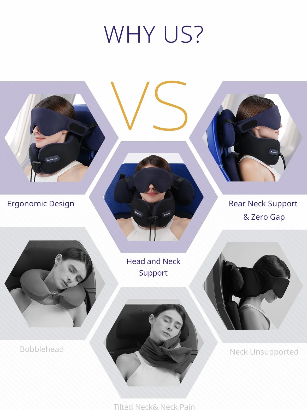 Almohada de Viaje, Almohada Cervical para Avión con Antifaz 3D y Correa de Asiento para Vuelos Largos y Viajes por Carretera, Espuma de Doble Densidad, Esencial para Viajes en Negro & Morado