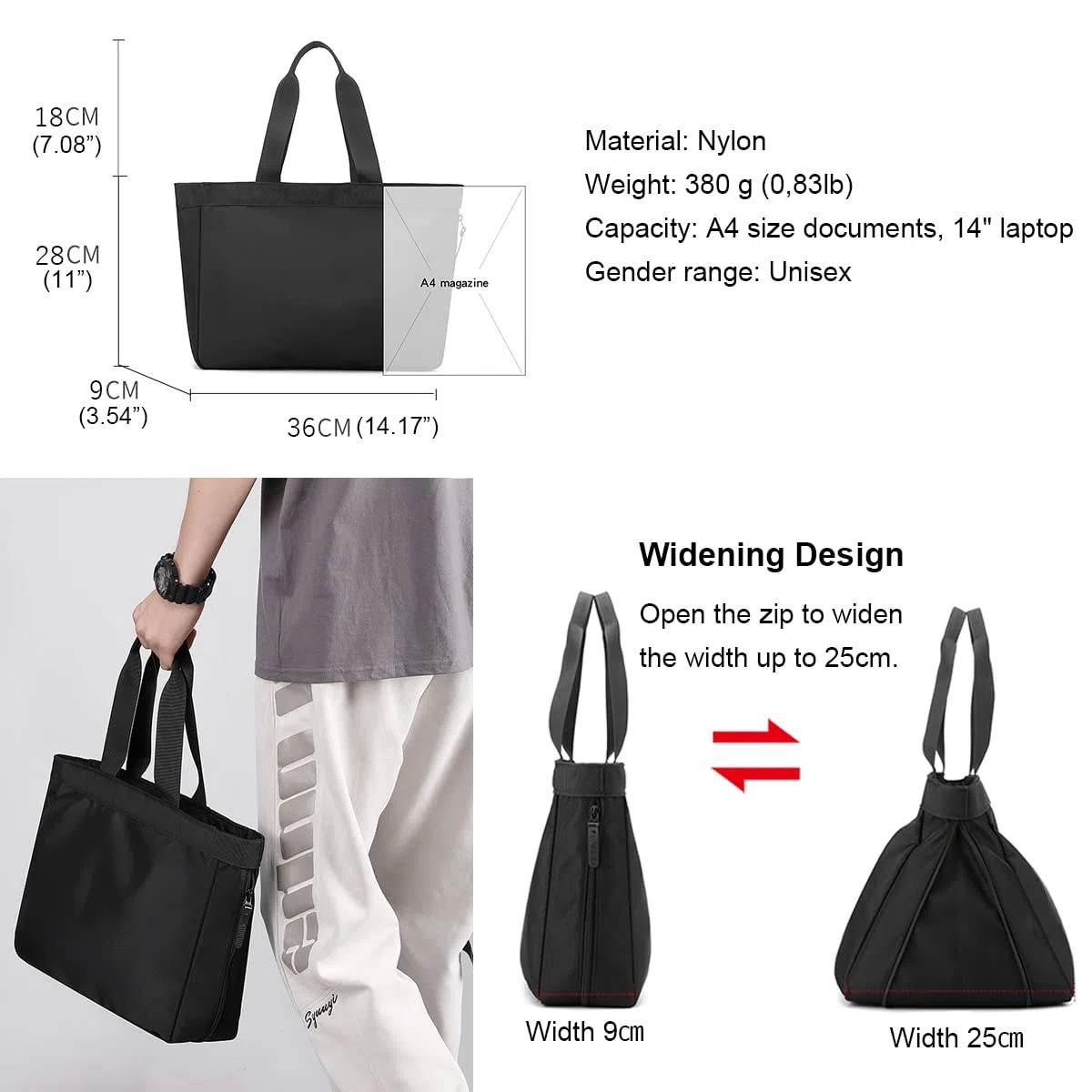 zhongningyifeng Hombres Bolsa Tote de 14 pulgadas portátil de nylon impermeable ligero de negocios Casual Negro Bolso para el Trabajo Escuela Viajes