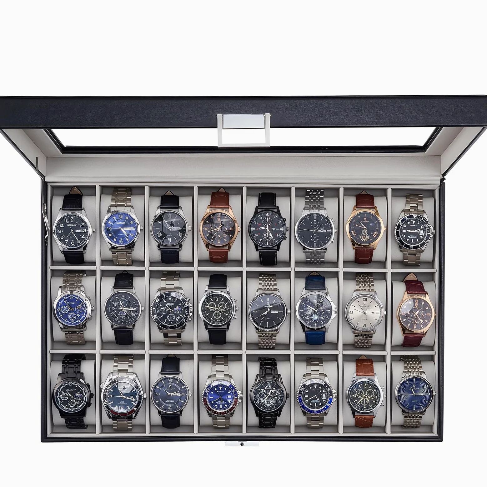 ProCase Caja para Relojes, 20 Ranuras Organizador de Joyas Relojero Multifuncional Caja Joyería Cuero PU con Almohadilla Suave Tapa Cristal Vidrio Almacenamiento Porta Reloj para Hombres -Negro