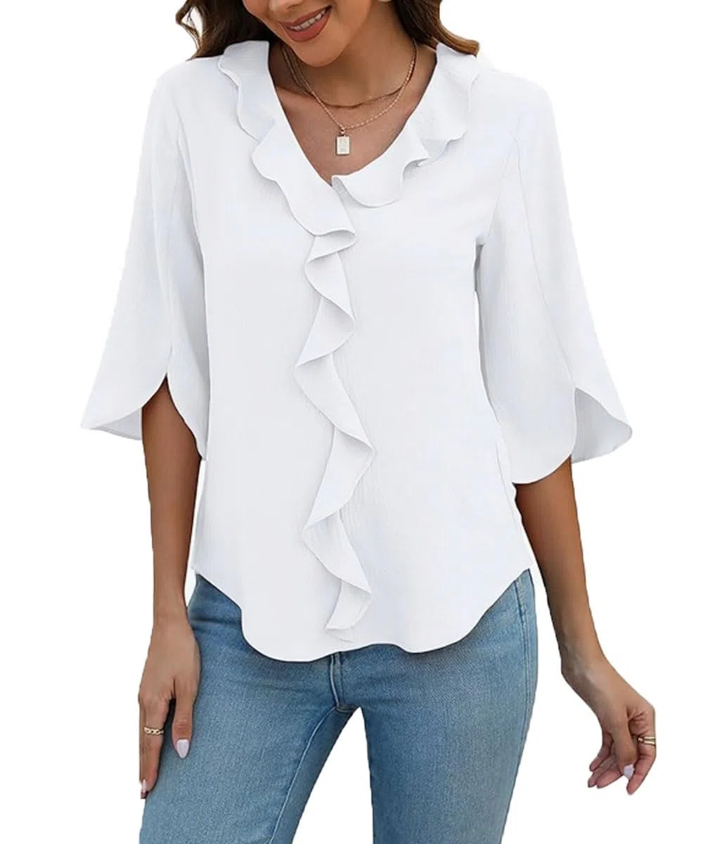 ABINGOO Mujer Gasa Blusas Manga 3/4 Cuello en V Volantes Shirt Elegante Verano Color Sólido Túnica Casual Camiseta