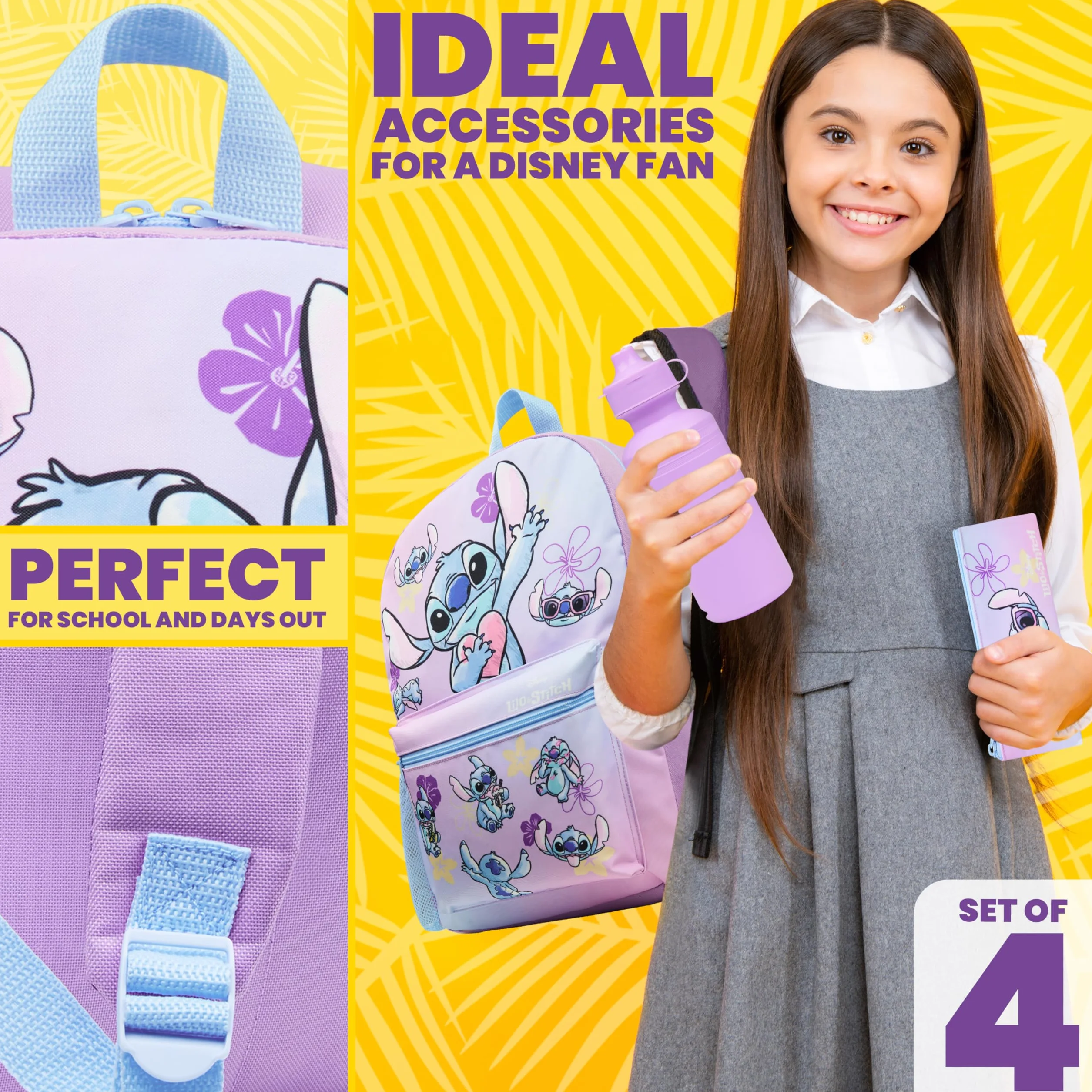 Disney Stitch Mochila Escolar Niña Adolescente Chica con Estuche Infantil Botella de Agua y Bolsa de Almuerzo Set de Material Escolar 4 Pzs