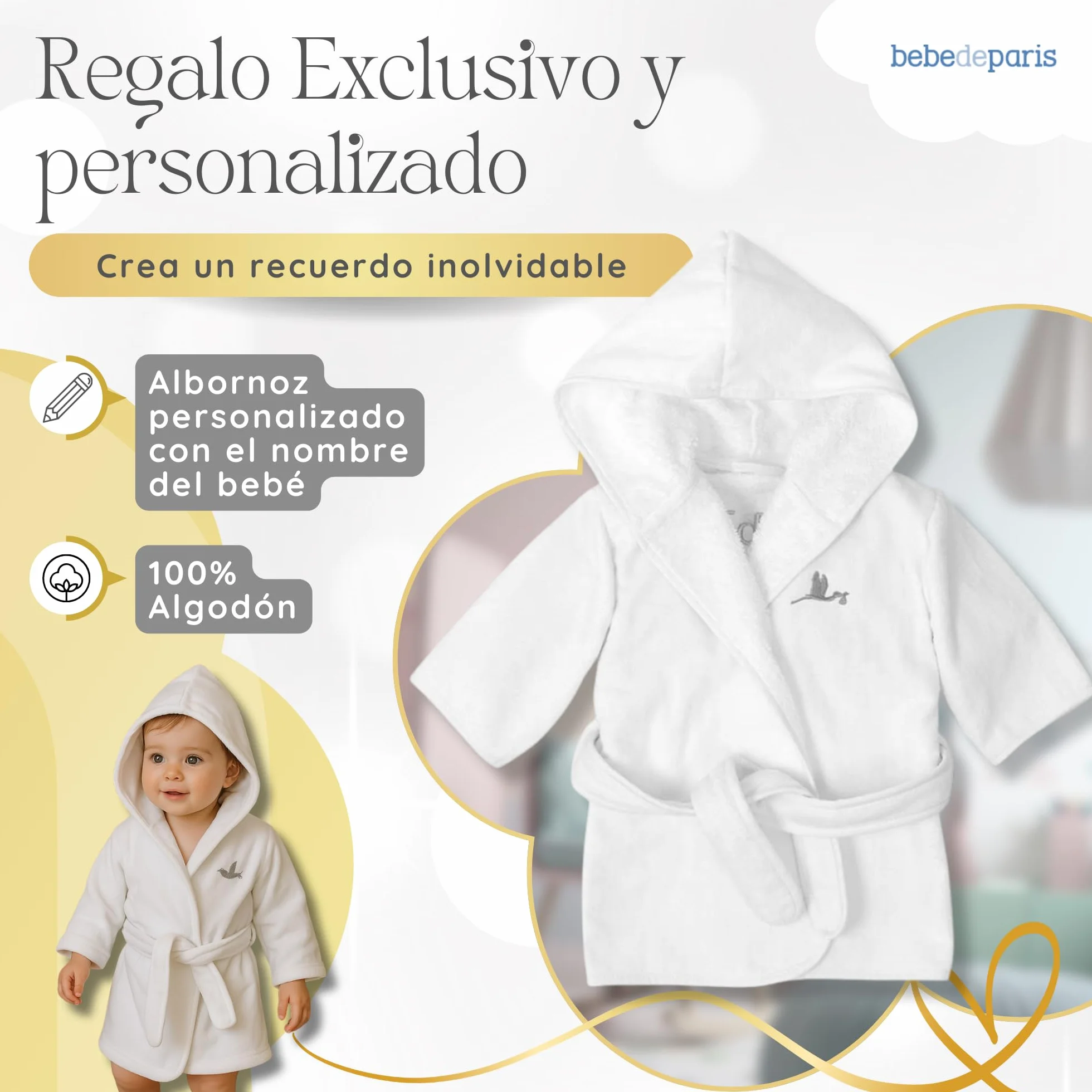 BebeDeParis Albornoz Bebé | Regalos para Bebes Recien Nacidos Personalizado con el Nombre bordado en Gris Rosa o Azul | 0 a 18 meses | 100% Algodón muy Suave + Accesorios