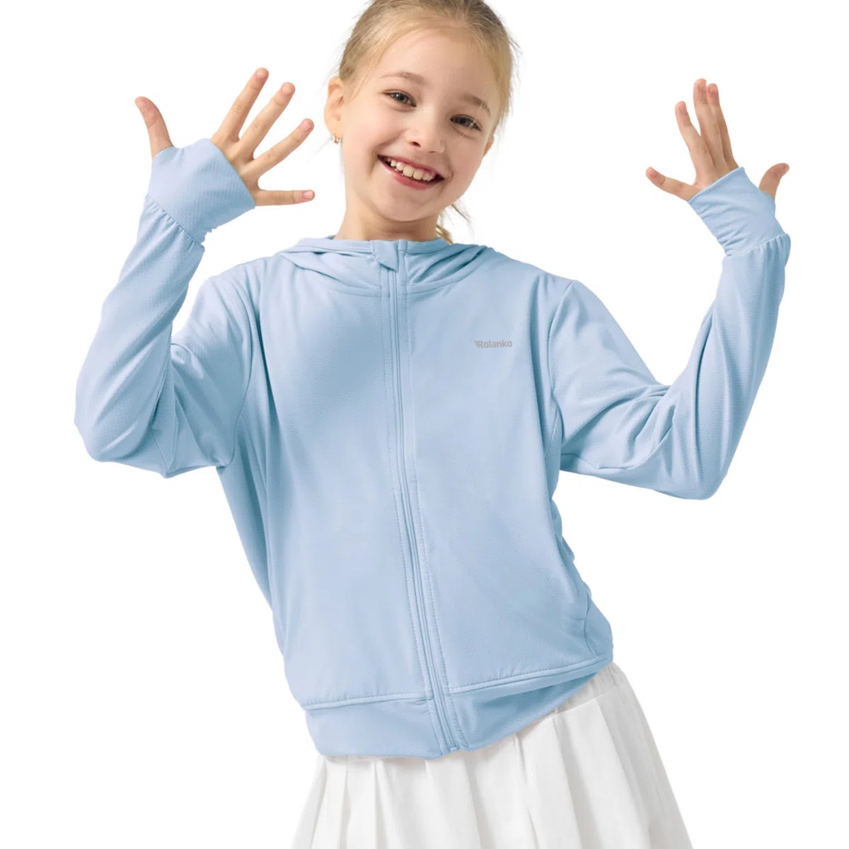 Rolanko Chaqueta de Verano para Niñas Agujeros para los Pulgares Manga Larga Protección Solar Secado Rápido Sudadera con Capucha y Cremallera Tops para Niños