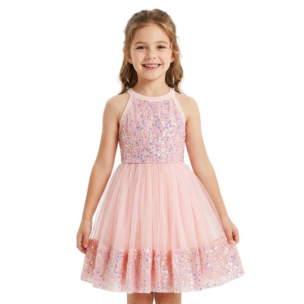 Lito Angels Vestido Niña Lentejuelas sin Mangas con Tul, Vestido Elegante Brillante para Boda Invitada, Actuación Escénica