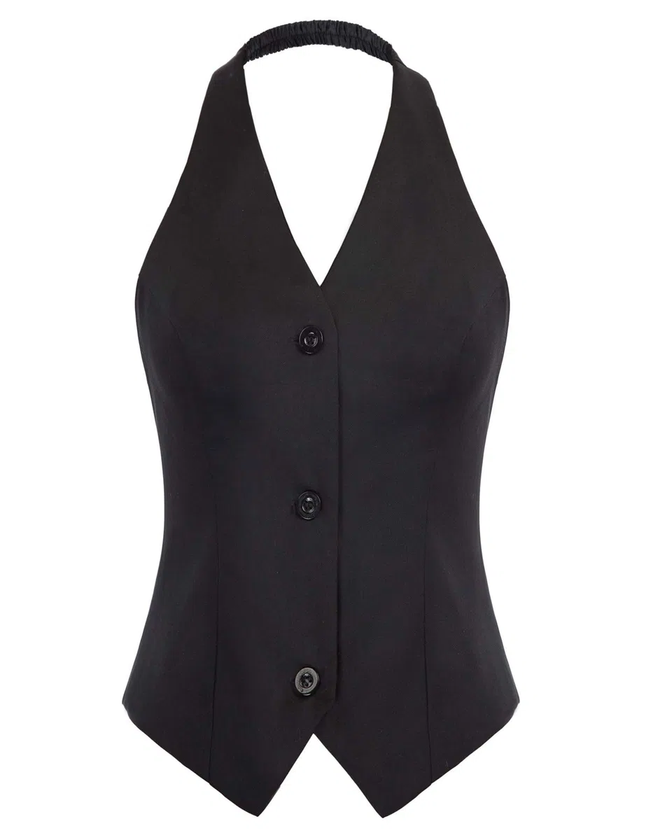 Belle Poque Chaleco con cuello en V y cuello halter para mujer de los años 50, chaleco de traje retro vintage 2229