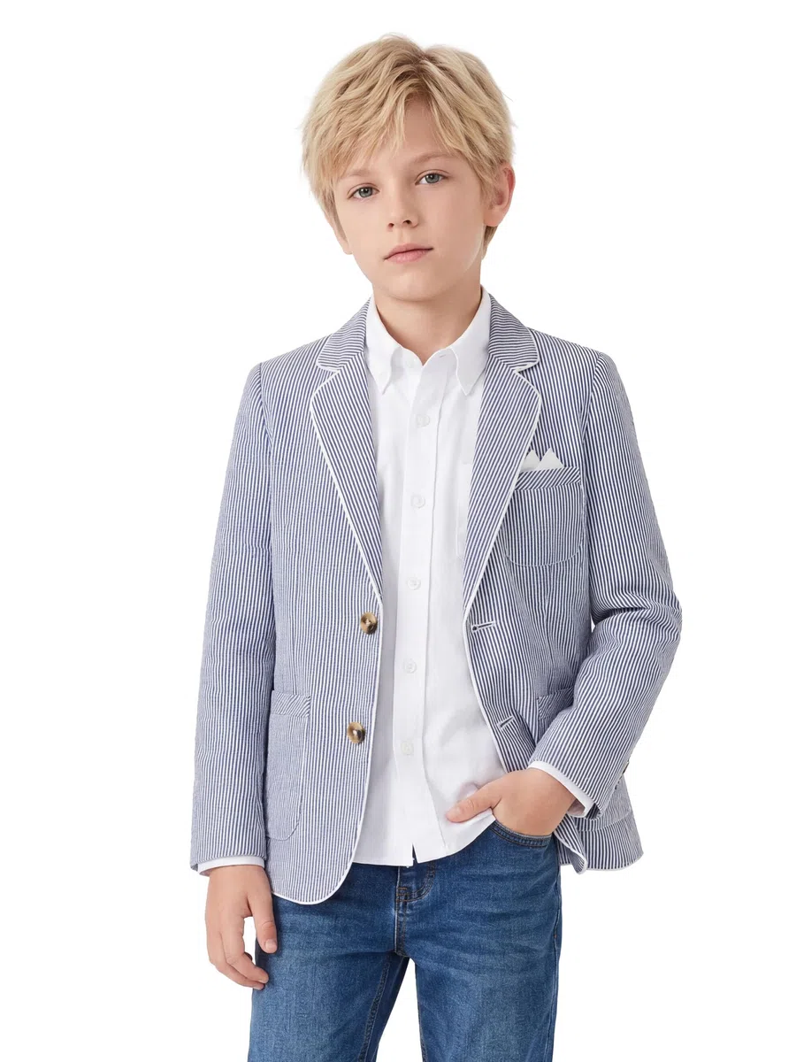 LOLANTA Blazer de Seersucker Transpirable para Niños, Chaqueta Elegante de Traje a Rayas para Verano y Ocasiones Informales