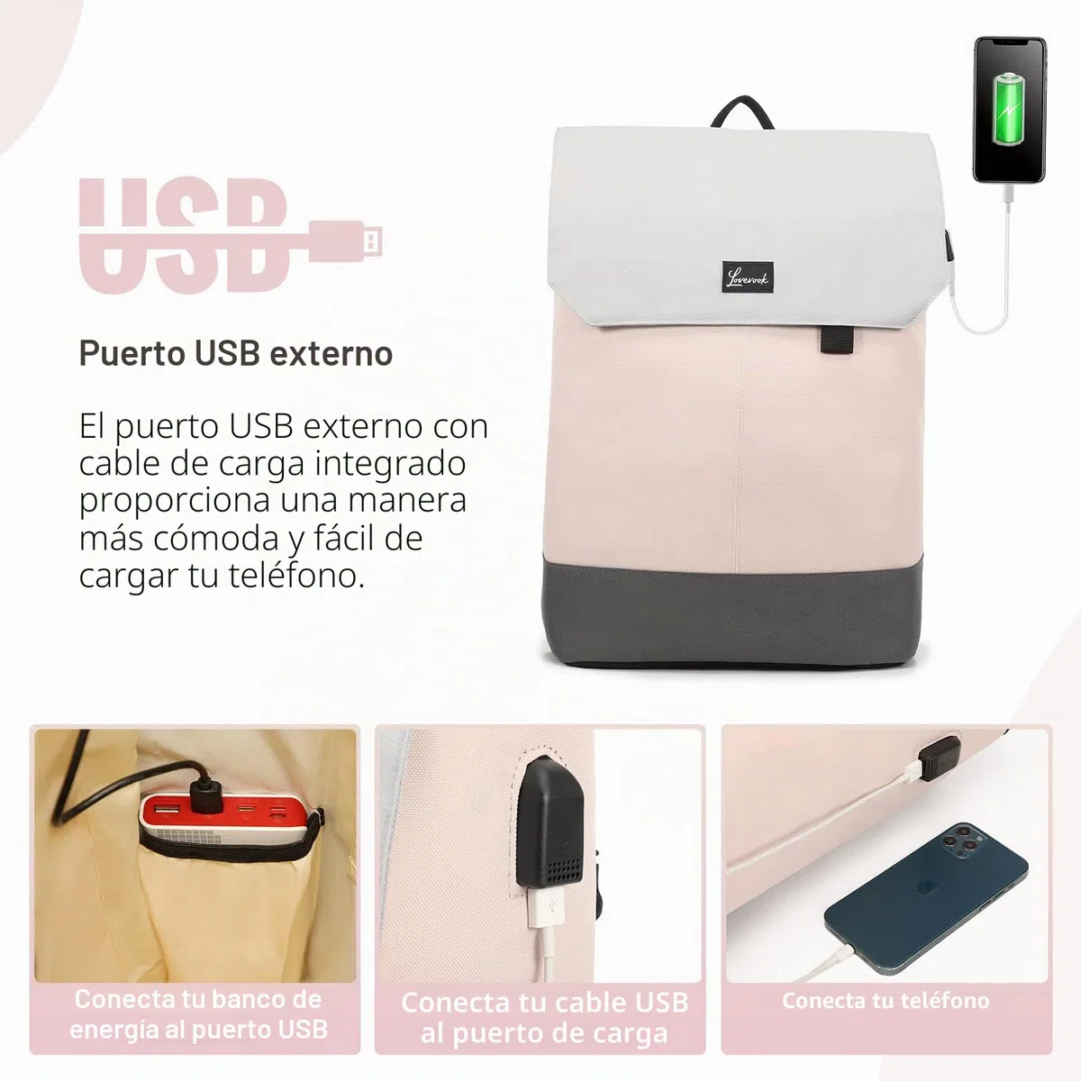 LOVEVOOK Mochila Portatil Mujer, 15.6 Pulgadas Mochila Antirrobo Impermeable Elegante para Ordenador Portátil con Carga USB para la Viajes, Universidad, Negocios-Rosa