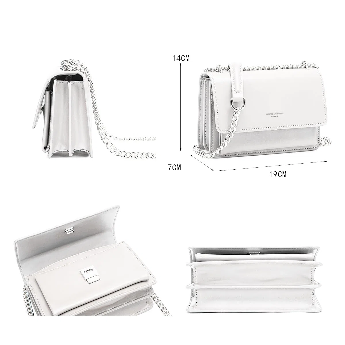 David Jones - Pequeño Bolso Bandolera Cadena Mujer - Bolsos de Hombro Cruzado Cuero PU - Mensajero Crossbody Bag - Bolso Mano Zip Embrague Clutch Pochette Noche Telefono - Blanco