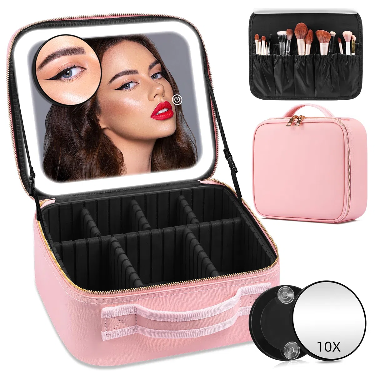 Bolsa de Maquillaje con Espejo y Luz LED de 3 Colores, Estuche de Maquillaje Cosmético Portátil con Divisores Ajustables, Perfecto para Viajes y Hogar, Rosa