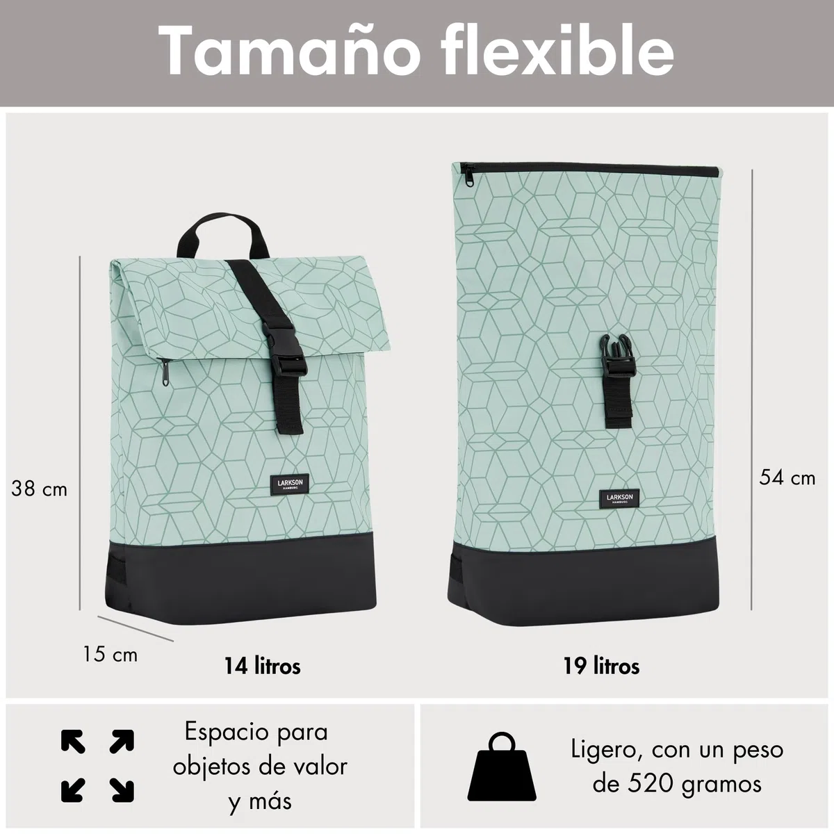 LARKSON Mochila Mujer y Hombre Verde - Tammo - Para Portátiles - Trabajo, Universidad y Viaje - Backpack Enrollable y Ligero - Repelente al Agua