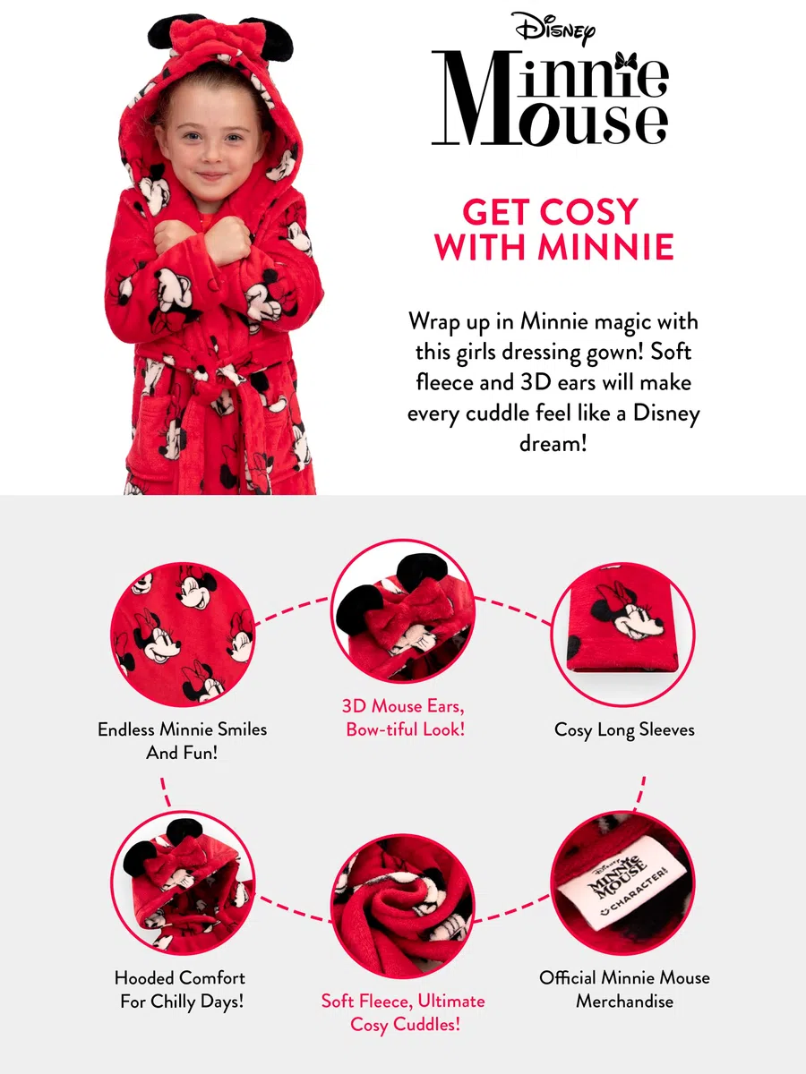 Disney Albornoz Niña Minnie Mouse, Bata Niña Con Orejas 3D, Batin Chica Polar