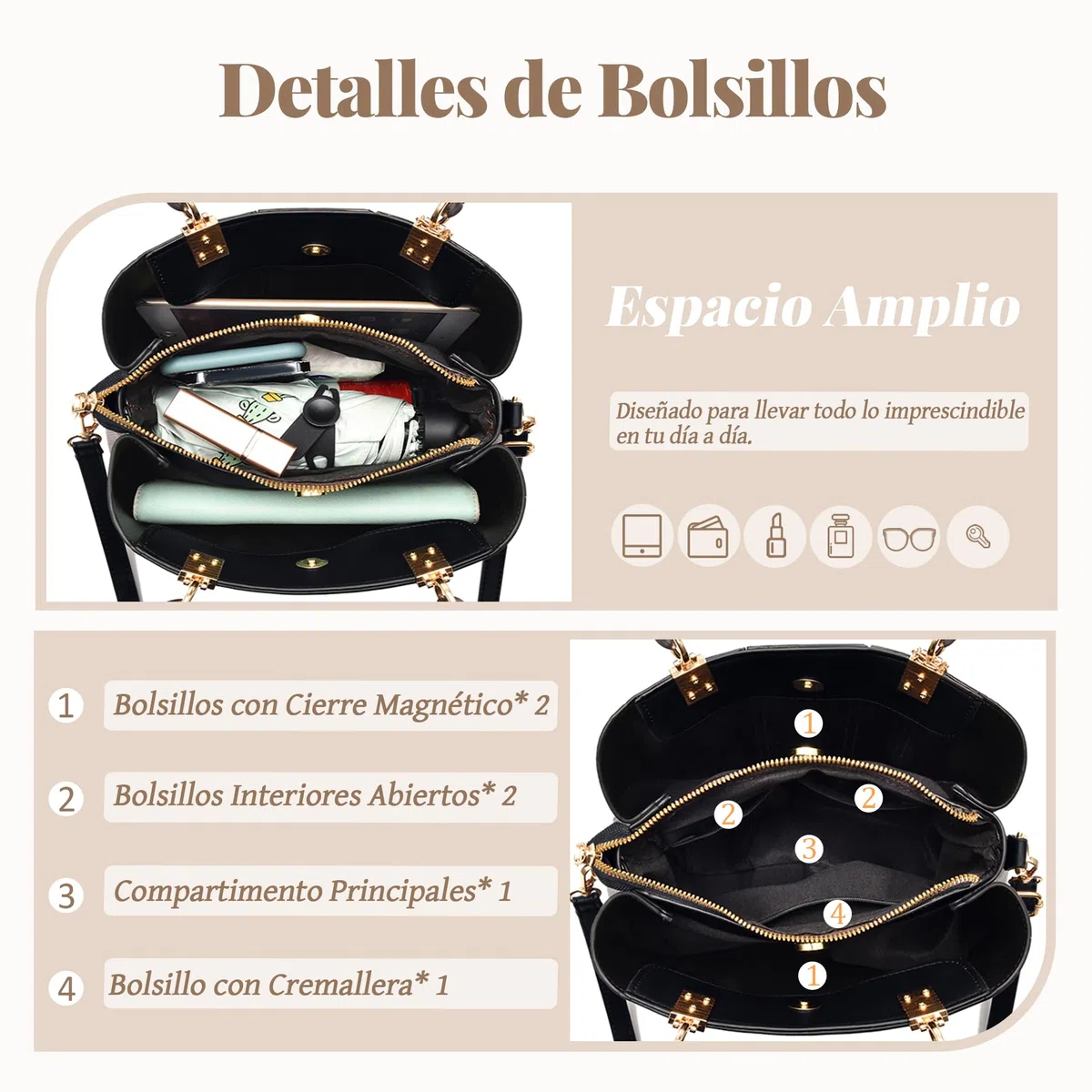 Bolsos de Mujer Moda Bolsos de Mano Elegante Bolso Tote Bolso Bandolera con Mango Adornos Colgantes para Compras Diario Viajes Trabajar Fiesta PU Cuero Negro