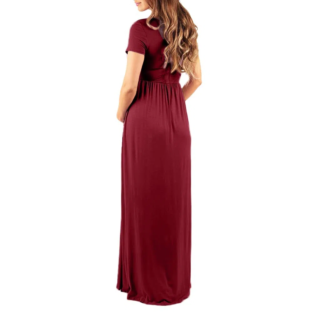 LANGWEI Vestido De Maternidad Maxi Algodón Verano Cuello En V Manga Corta Fiesta De Noche Informal Vestidos Largos,Rojo,M