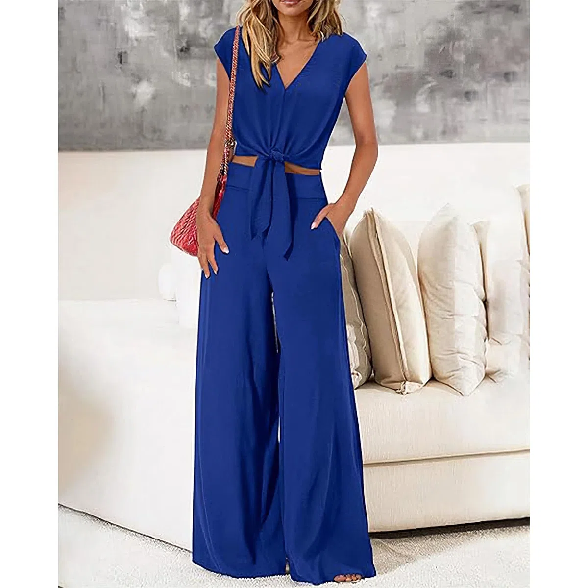 amropi Conjunto de Manga Corta Mujer V-Cuello Pajarita Verano Pantalones Anchos Casual Loungewear Azul, XL