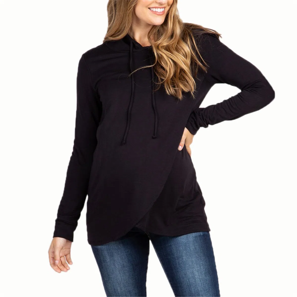 Sudadera de maternidad elástica para invierno, con capucha, tela transpirable, ajuste espacioso, ropa de embarazo, cordón ajustable, algodón y poliéster, sudadera de maternidad