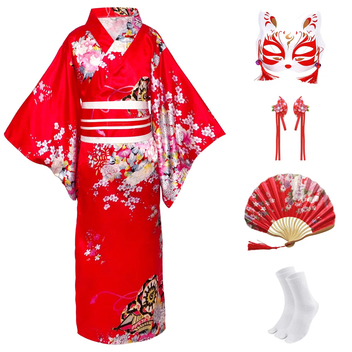 5 Piezas Disfraz Niña Kimono Japonés, Inspirado en Yukata, Traje Tradicional Set con Accesorios para Cosplay, Vestido de Festival Cultural Asiático