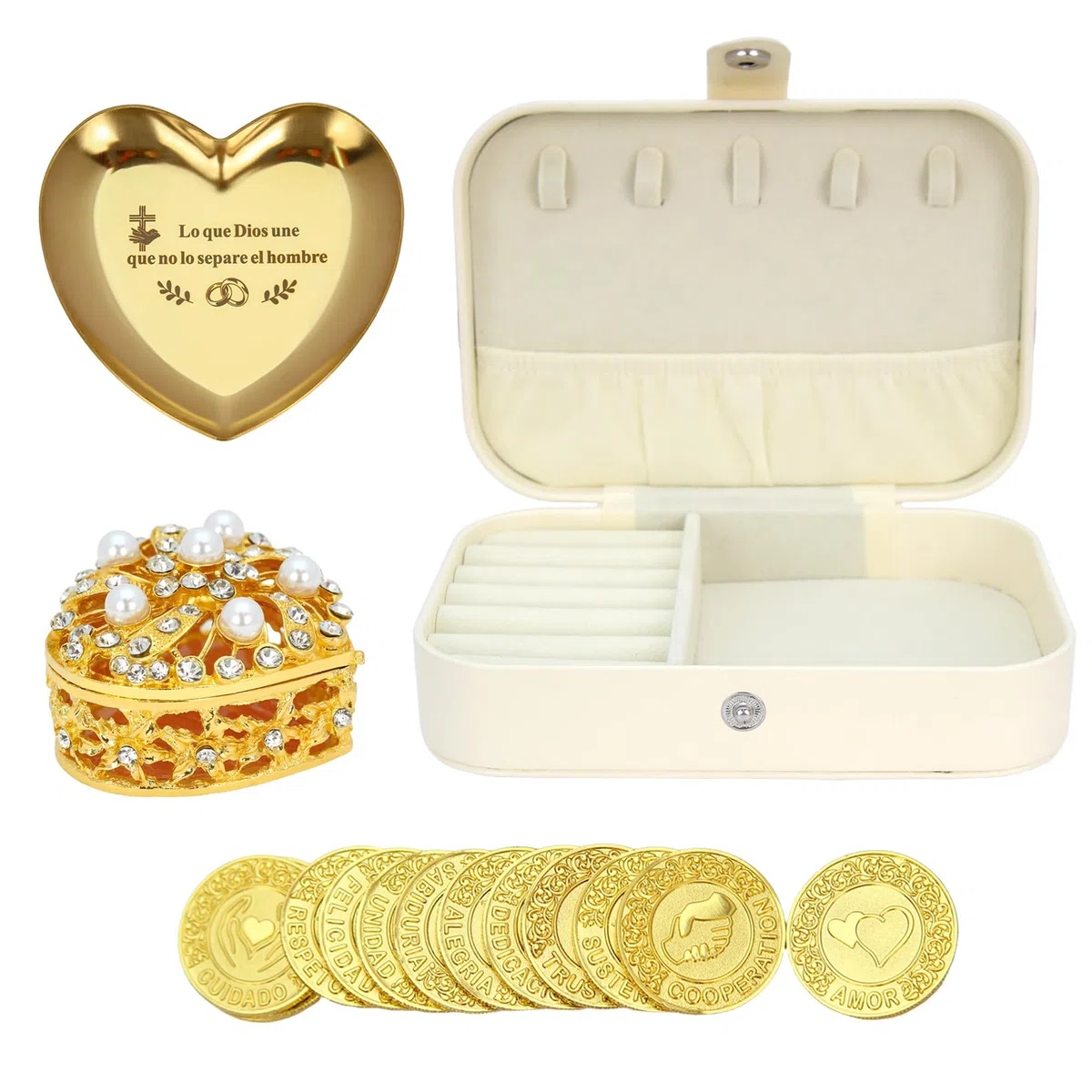 TINGKU - Arras para Boda Católica monedas de boda cristianas, 13 bendiciones únicas, recuerdos de matrimonio significativos caja de cuero Conjunto de monedas de boda española, monedas de oro PLD