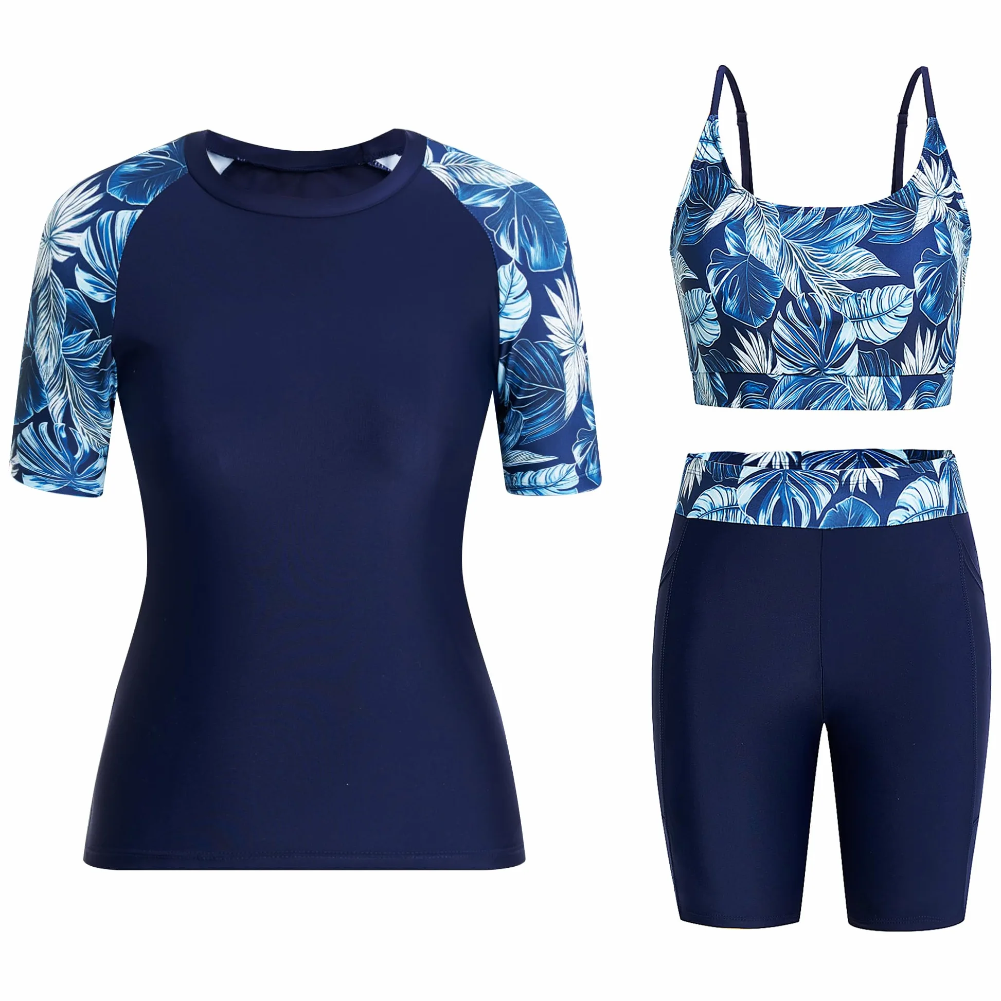 Owntop Camiseta de natación de 3 piezas para mujer, camiseta de natación UV UPF50+, camiseta de manga corta, parte superior de bikini y pantalones cortos de cintura alta, trajes de baño modestos