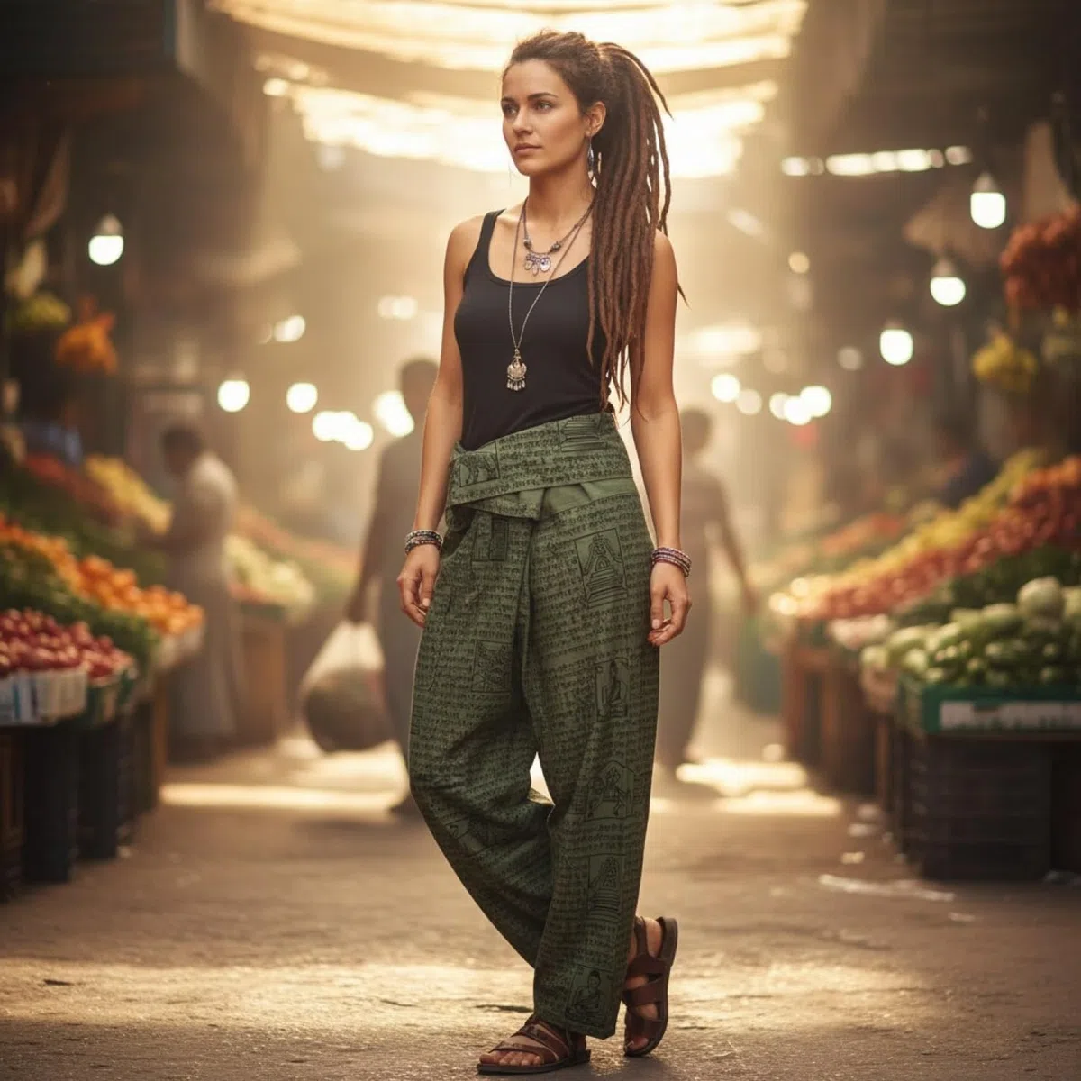 GURU SHOP Pantalones de pescador tailandeses con estampado de mantra de algodón tejido, pantalones de yoga, para hombre/mujer, verde, talla: talla única