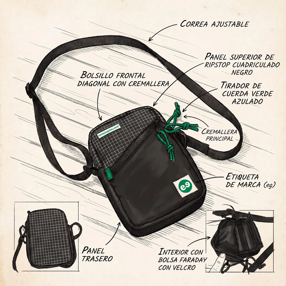 Bolso Faraday Anti-escucha Móvil y Anti-espionaje | Bandolera Unisex con Bolsillo que Impide que te Escuchen (GPS/WiFi/5G/RFID) | Mochila Techwear Impermeable Antirrobo 1.5L