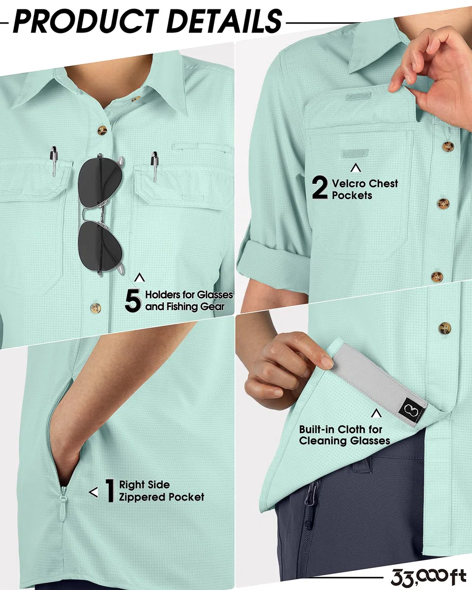33,000ft Camisa para mujer UPF50+ con protección UV, de secado rápido, para tiempo libre, manga larga, para senderismo, pesca, safari, viajes, golf, verde claro, XL