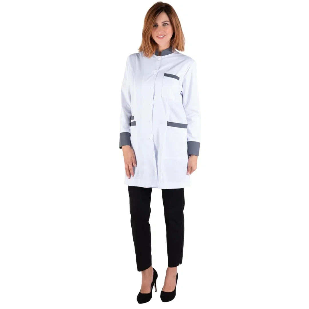 Bata de Laboratorio Mujer, Bata Cuello Mao Manga Larga, Ideal para Farmacia, Óptica, Herbolarios y Clínicas Sanitarias, Fabricado en España