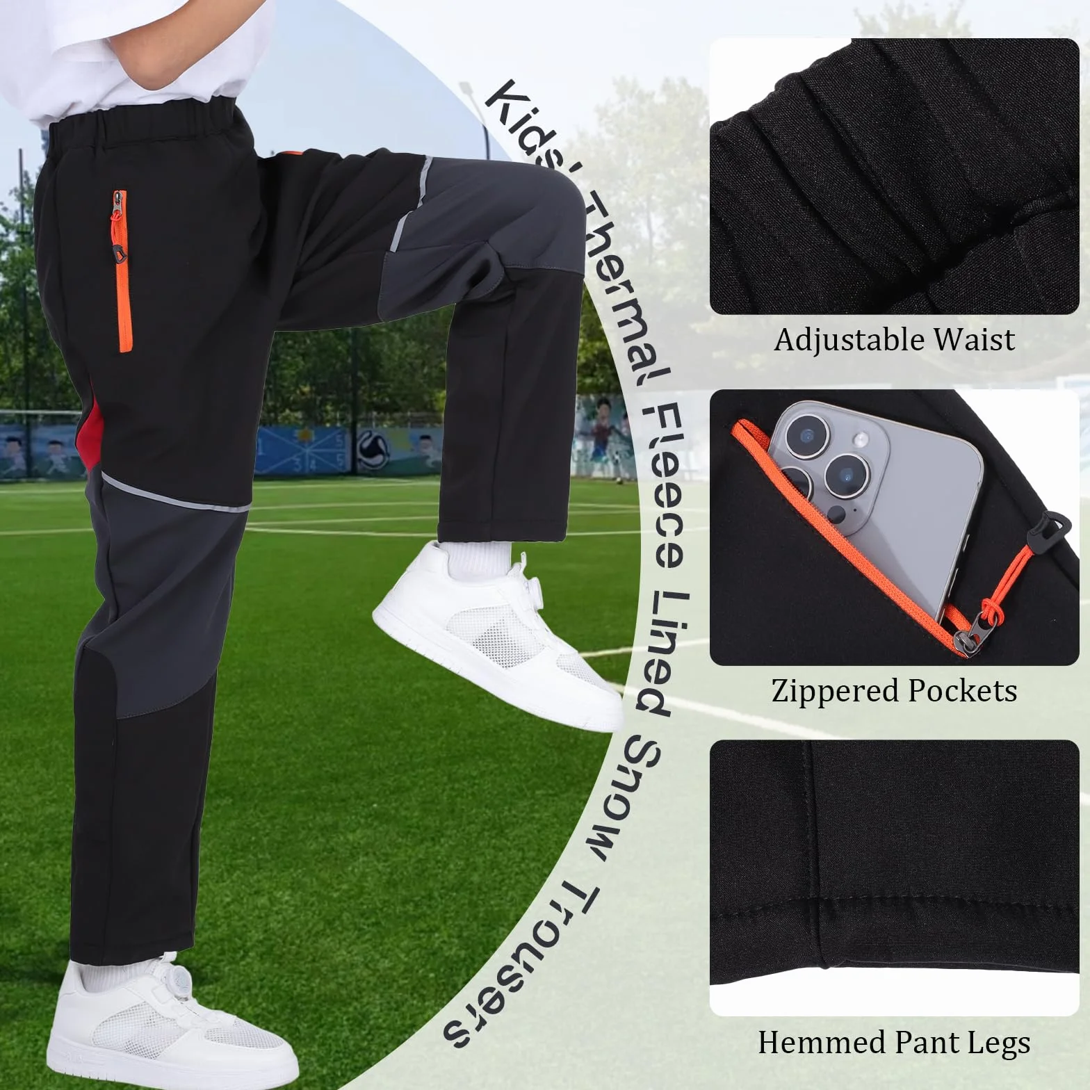 BWBIKE Pantalones de Nieve para Niños con Forro Polar Térmico Forrado al Agua y al Viento, Pantalones de Esquí de Invierno Softshell para Exteriores con Bolsillos con Cremallera para Niños y Niñas