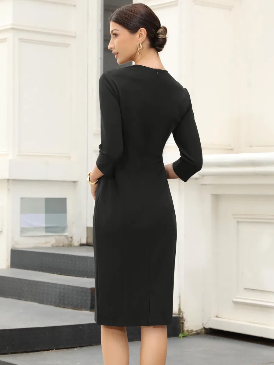Allegra K Vestidos Midi para Mujer de Trabajo Manga 3/4 Escote Corazón Cintura Alta Vestido de Oficina