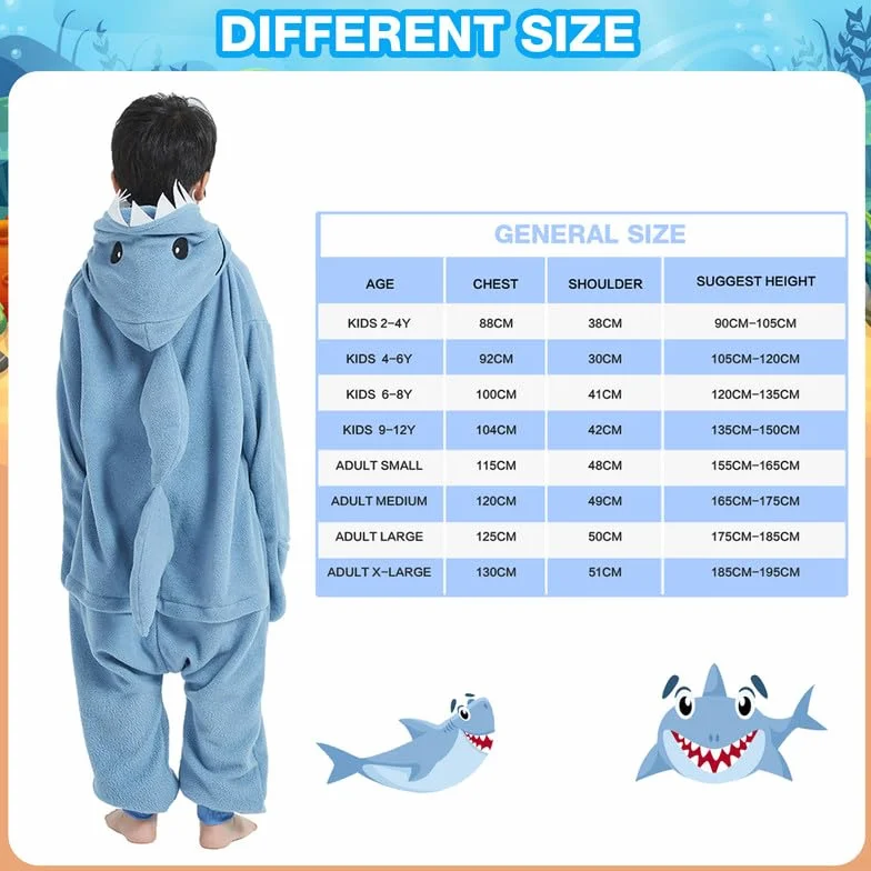 Mono de Dibujos Animados, Azul Tiburón Mandíbula Pijama, Bata, Mameluco, Ropa de Dormir, Disfraz de Cosplay, Fiesta de Halloween para Niños de 4 a 6 Años