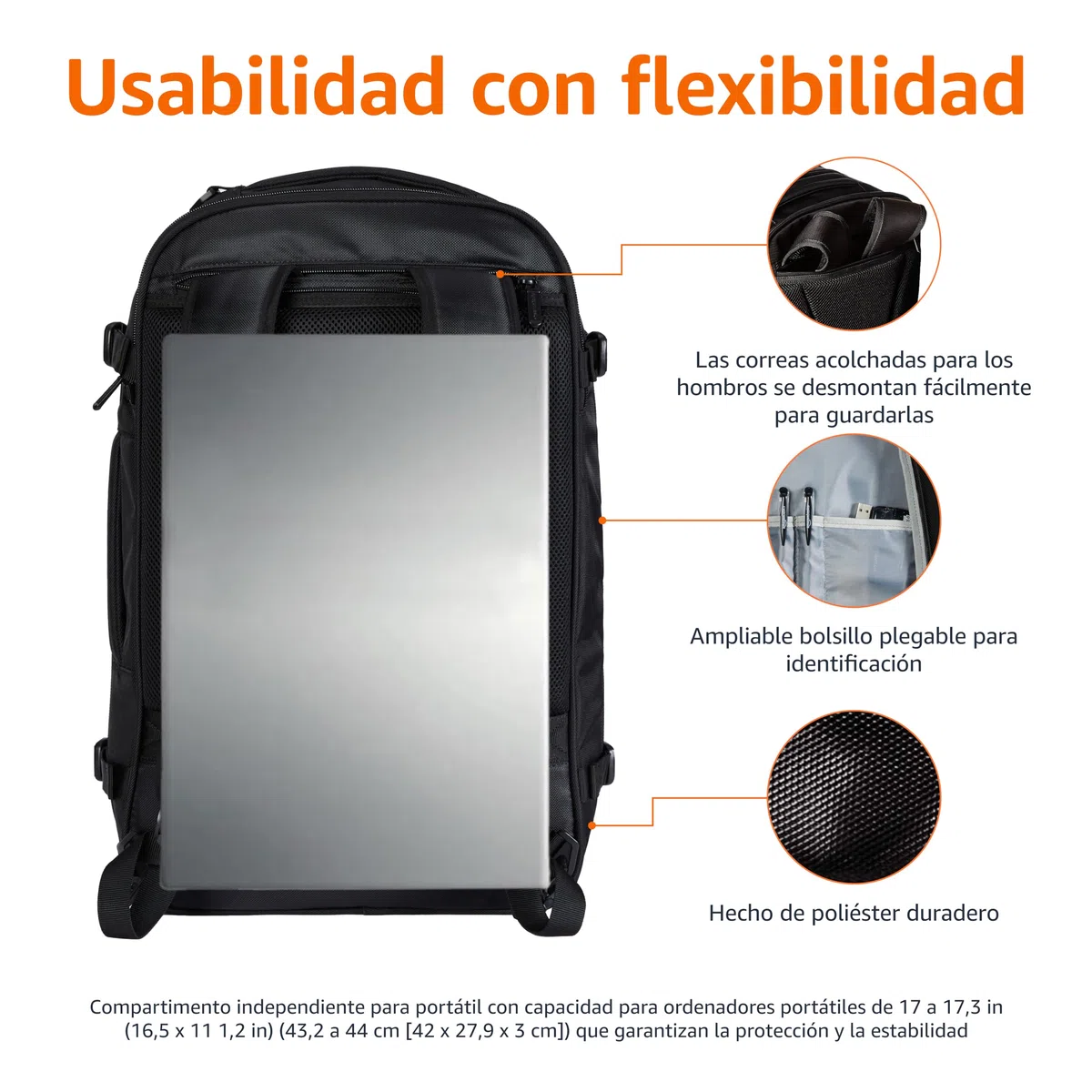 Amazon Basics Mochila de Viaje 40L, Equipaje de Mano (51x38x20cm), Tirantes Acolchados, Compartimento Portátil 17", Bolsillos Organizados - Negro