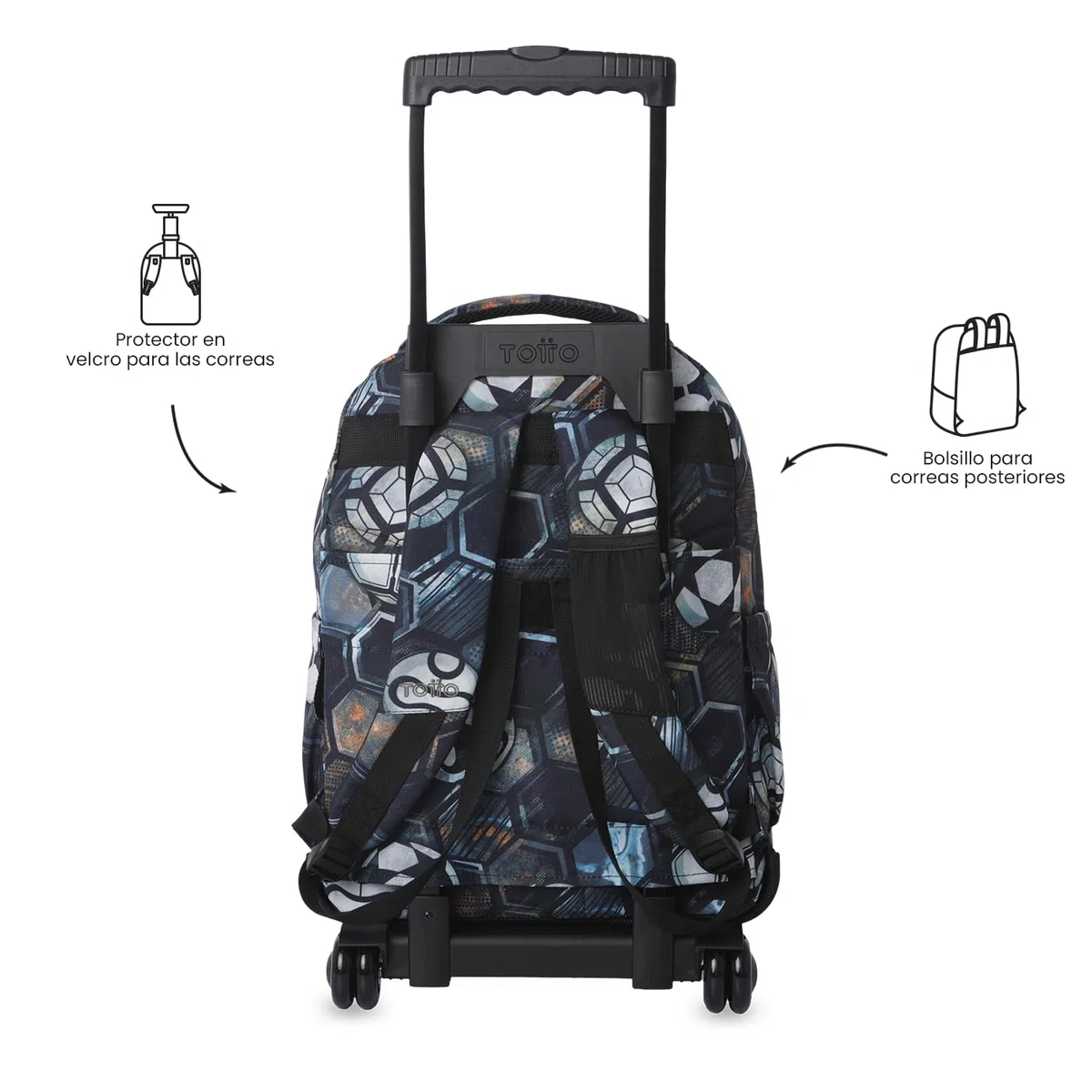 TOTTO - Mochila Escolar con Ruedas, Modelo Renglones, Capacidad 26,21 Litros, Bolsillo para PC 15,4", Bolsillo Botella, Correas en S para Mayor Comodidad, Resistente, Estampado Verat Soccer