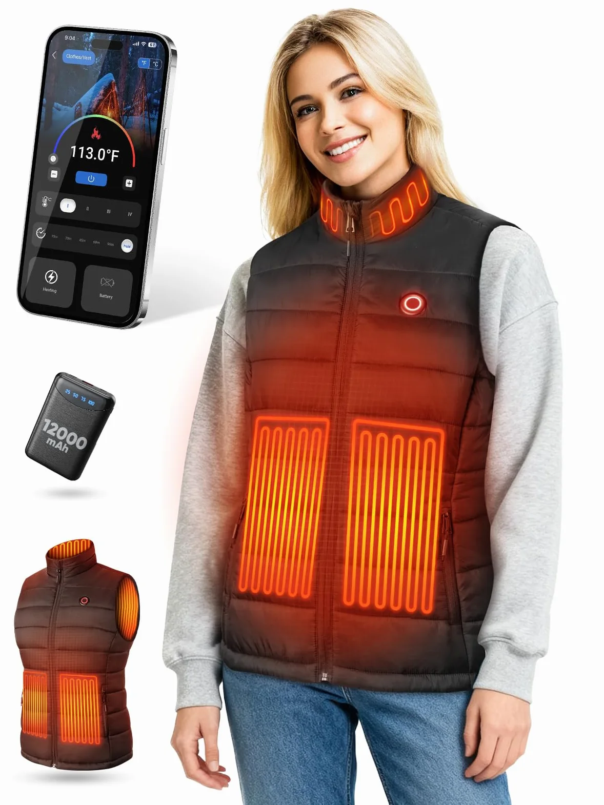 Chaleco Calefactable Mujer con Batería de 12V 12000mAh, 4 Niveles de Calor y Control por App, Chaleco Térmico Ligero para Invierno, Exteriores, Senderismo, Esquí, Hogar y Teletrabajo(Talla L)