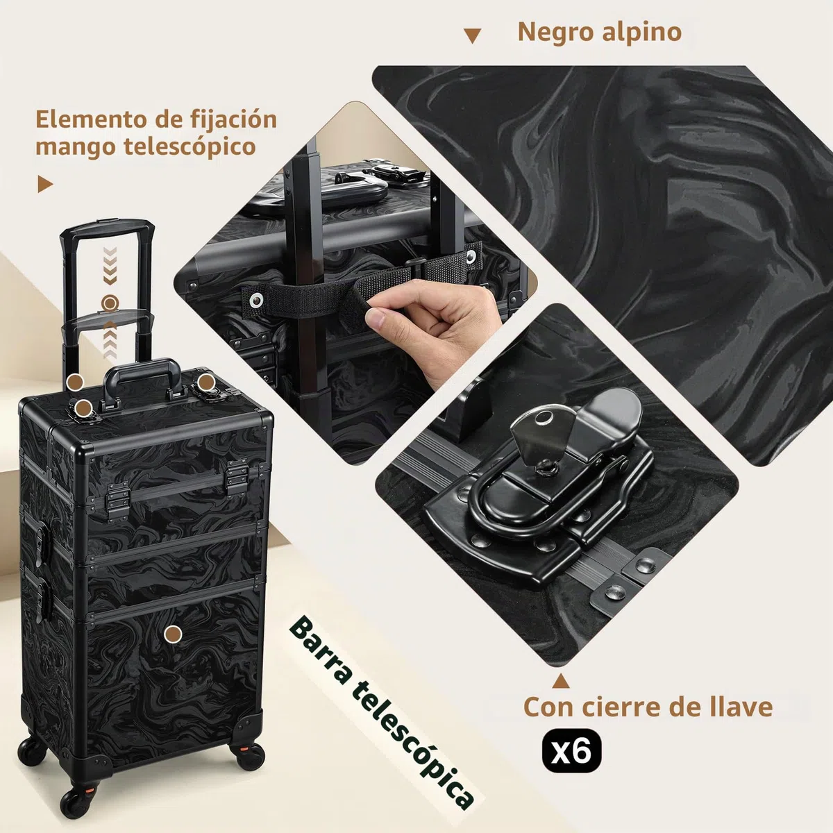 Maleta Maquillaje Profesional 3 en 1 Maletin Maquillaje con Ruedas Organizador de Maquillaje Maleta de peluquería Grande Maletín de uñas Multifuncional Caja Maquillaje Profesional, Alpes Negro