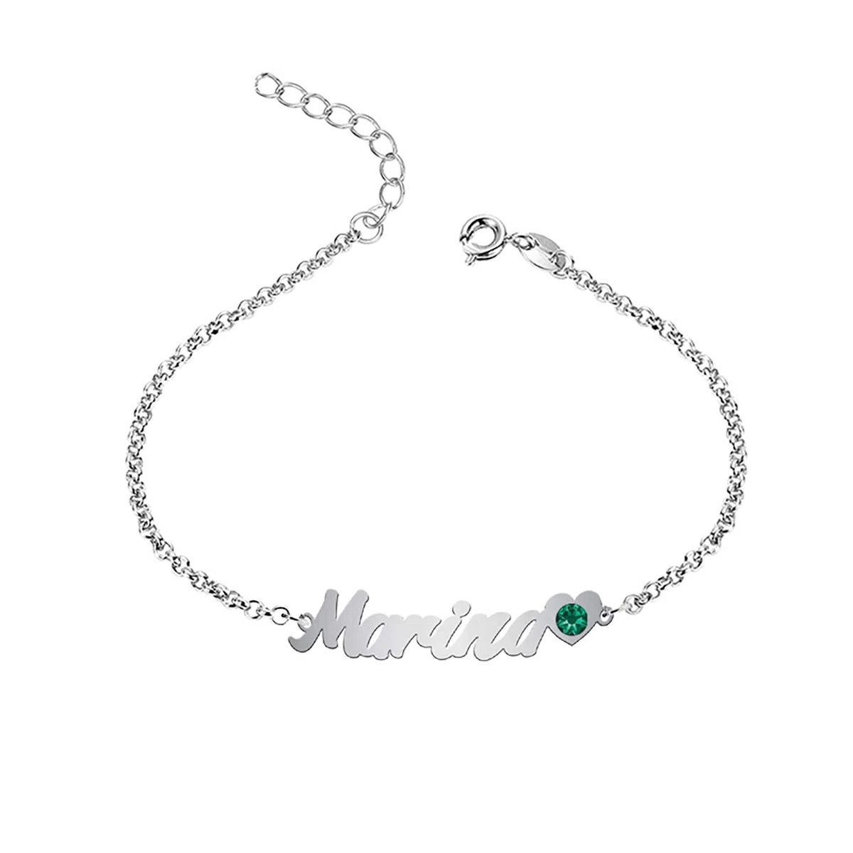 Tobillera PLATA DE LEY personalizada con nombre corazón y piedra de nacimiento