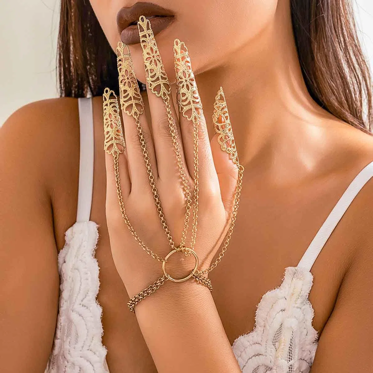 Pulsera de dedo de bruja gótica vintage, pulsera hueca, anillo de cadena con uñas para disfraz o cosplay