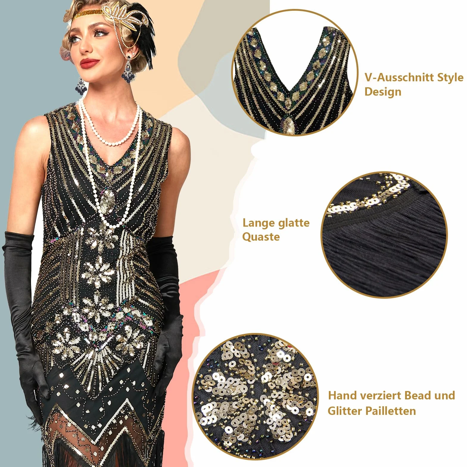 12 Piezas Vestido Años 20 Charleston V - Neck Lentejuelas con Borlas de Perlas Vestido, Charleston Dress Year con Accesorios de Ropa de Carnaval de Los Años 20 (Negro + Oro)