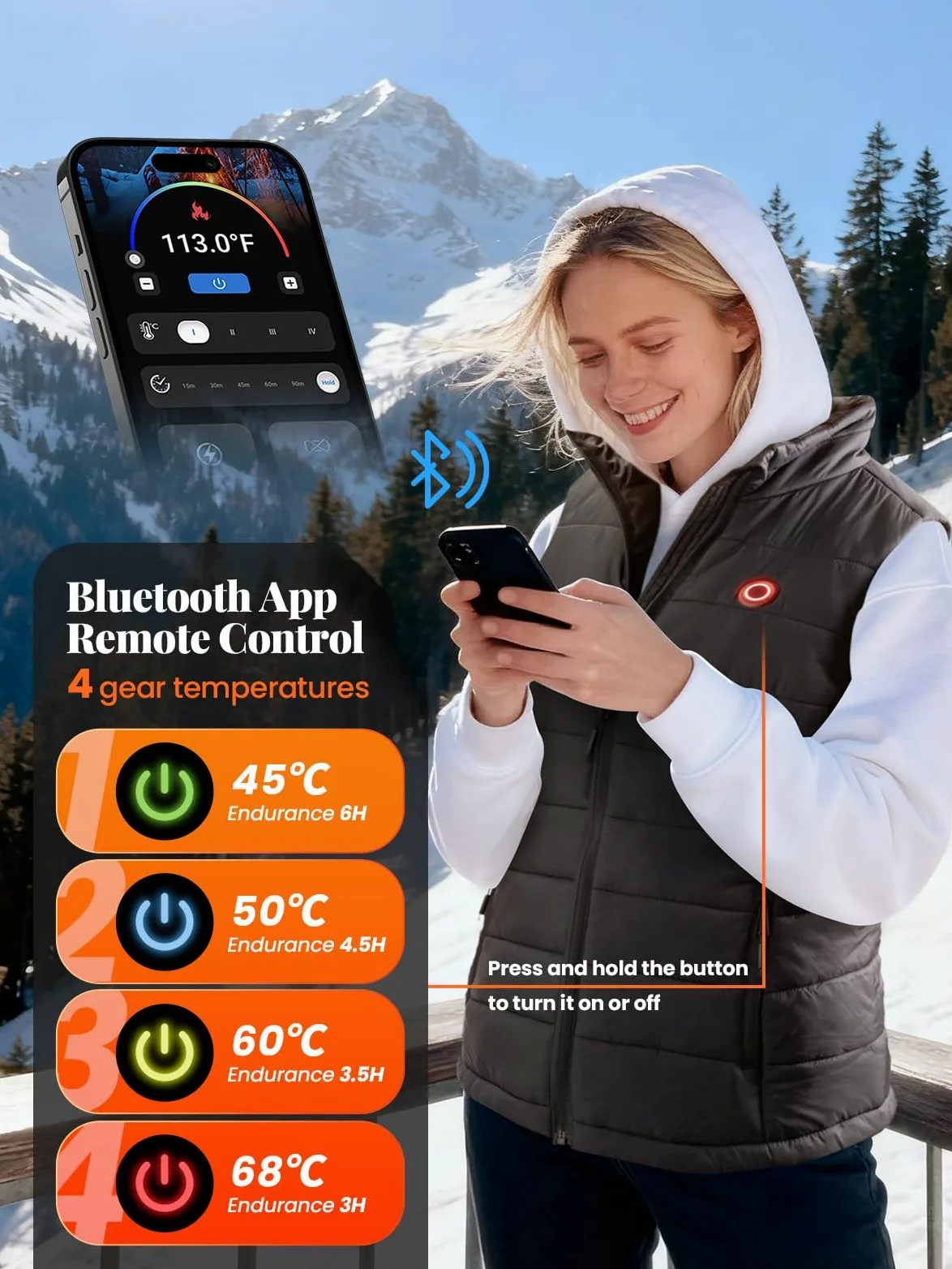 Chaleco Calefactable Mujer con Batería de 12V 12000mAh, 4 Niveles de Calor y Control por App, Chaleco Térmico Ligero para Invierno, Exteriores, Senderismo, Esquí, Hogar y Teletrabajo(Talla L)