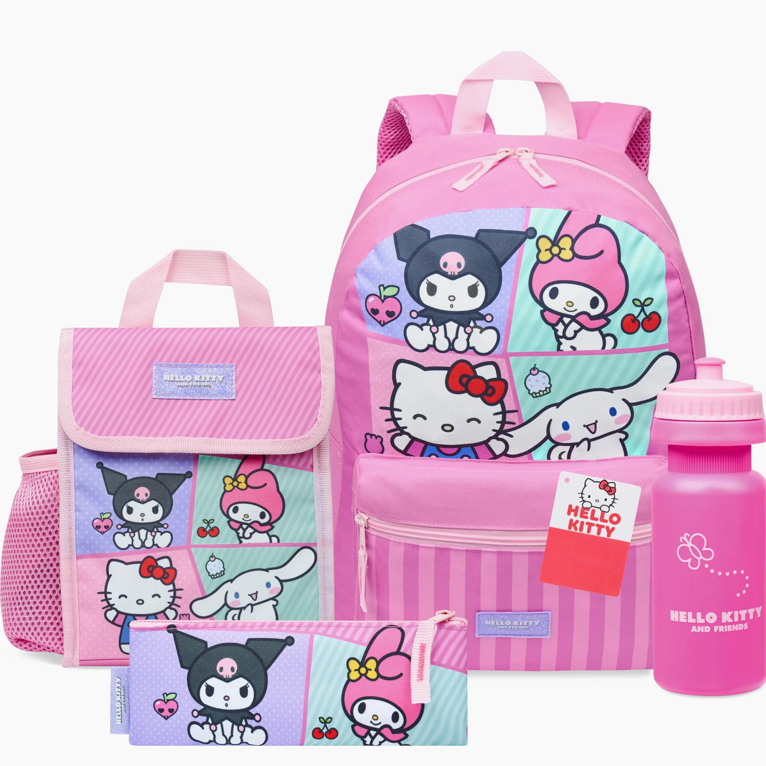 Hello Kitty Sanrio Mochila Escolar Set de 4 Piezas con Botella Agua Estuche Bolsa Almuerzo Cinnamoroll Kuromi Material Escolar