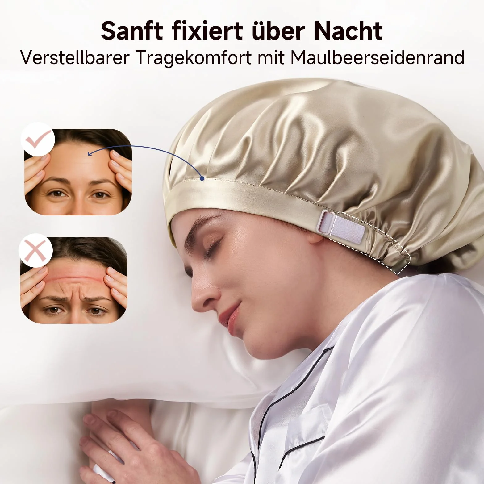 Kaome Gorro de Dormir de Seda 22 Momme 100% Seda Mulberry, Gorro de Noche Ajustable Doble Cara, para Pelo Rizado y Largo, Suave y Antideslizante, Transpirable con Bolsa
