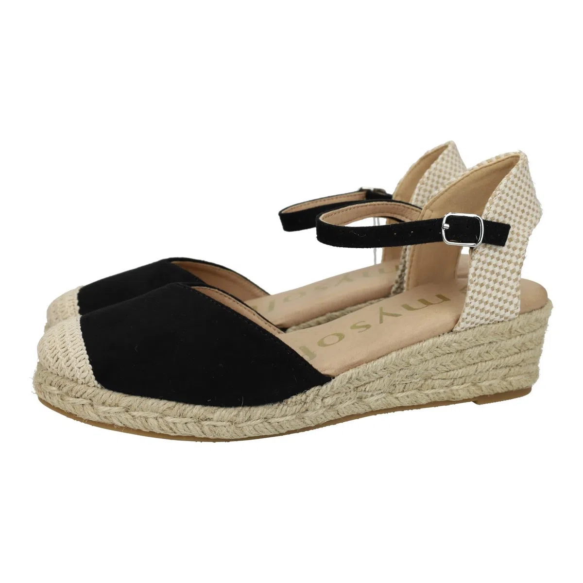 25M102 Esparteñas de Mujer en Color Negro, con Plantilla de Gel. Alpargatas con cuña de 4.5cm, Cierre de Hebilla, Calzado Vegano ecofriendly Mujer Alpargatas