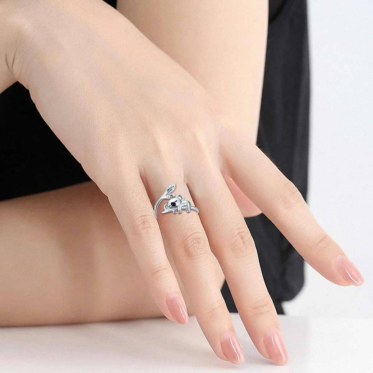 Koala - Anillo de plata de ley 925 para mujer, diseño de koala ajustable, abierto, con bonito animal para niñas