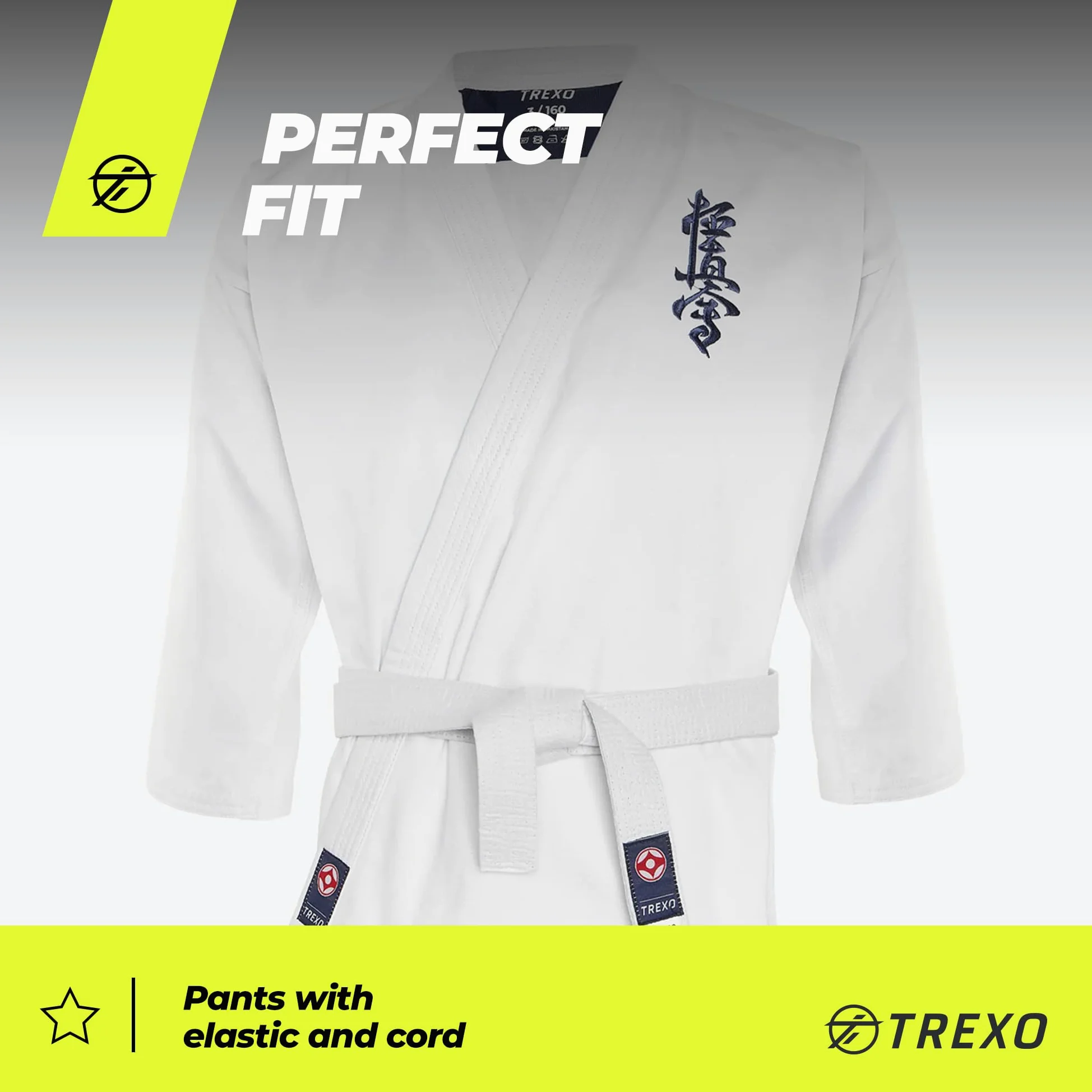 TREXO Karatega con bordado Kyokushin para karate en color blanco para 140 cm de estatura, juego de pantalones regulables, kimono, cinturón, ideal para principiantes, costuras fuertes, materiales