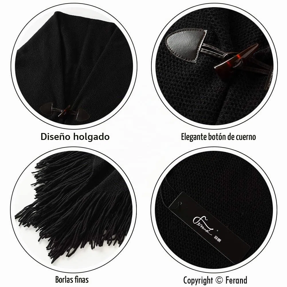Ferand Poncho de Frente Abierto para Mujer, Chal Holgado con Flecos para Otoño Invierno