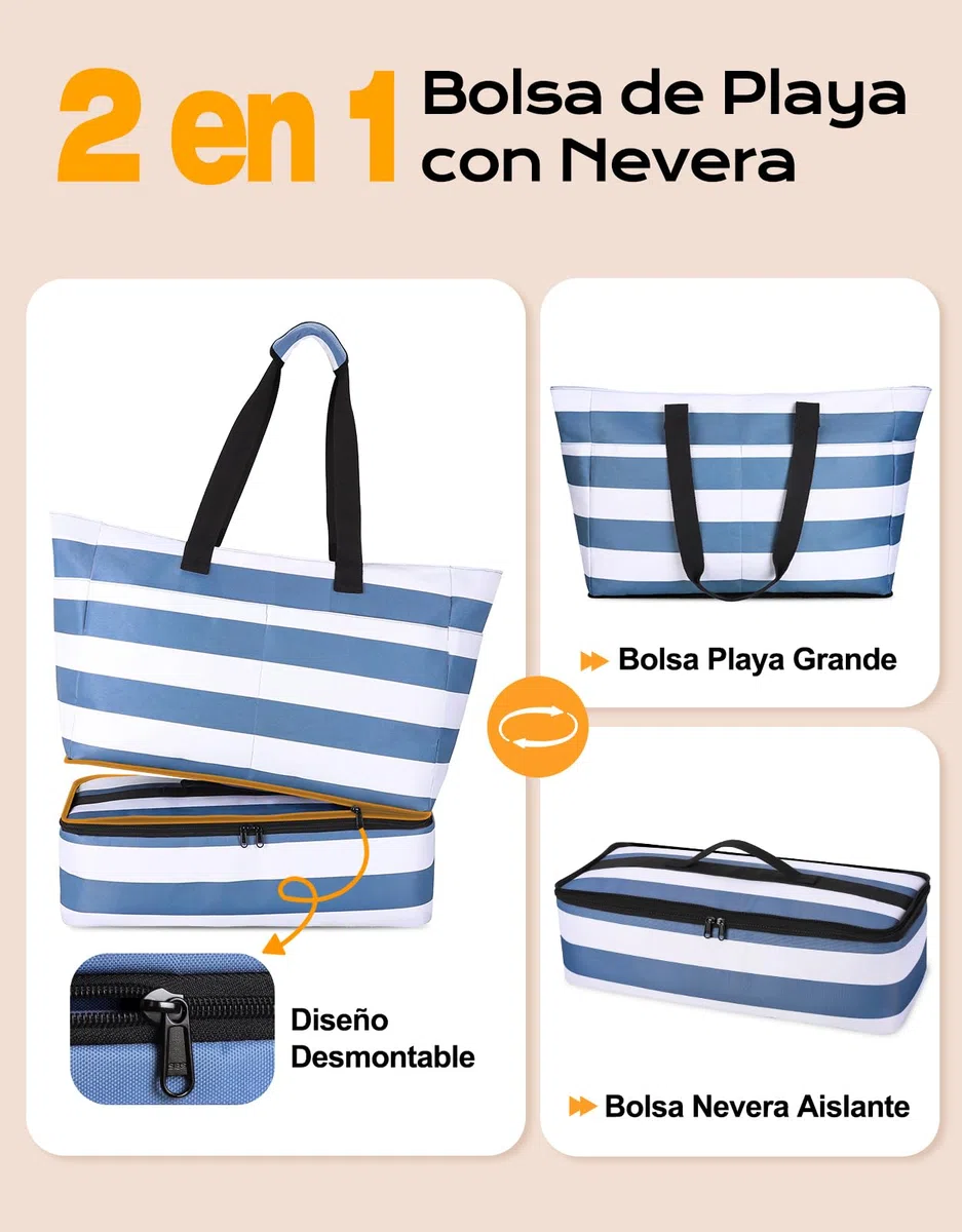 CIRYCASE Bolso Playa Mujer con Nevera 2 en 1, Impermeable & Plegable Bolsa Viaje XXL Familiar, Beach Bag 54L Extra Grande con Cremallera y 9 Bolsillos para Piscina/Picnic/Gimnasio/Compra Esenciales