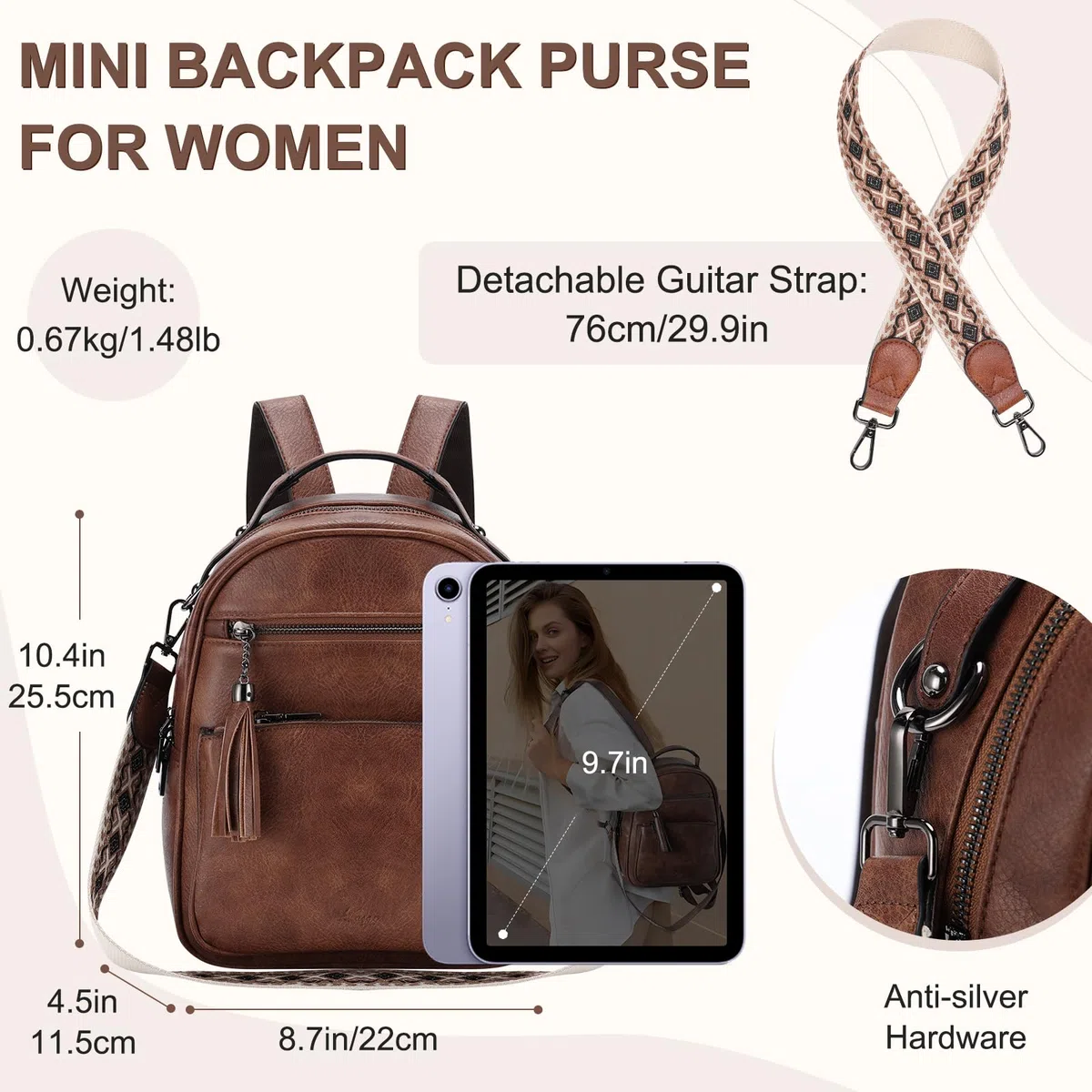 Mochila Pequeña Mujer, Bolso Mochila de Cuero PU Mini Mochila Viaje de Moda Mochila Antirrobo Bolso Bandolera Universidad Mochila Convertible para Diario Trabajo Esculea, Marron