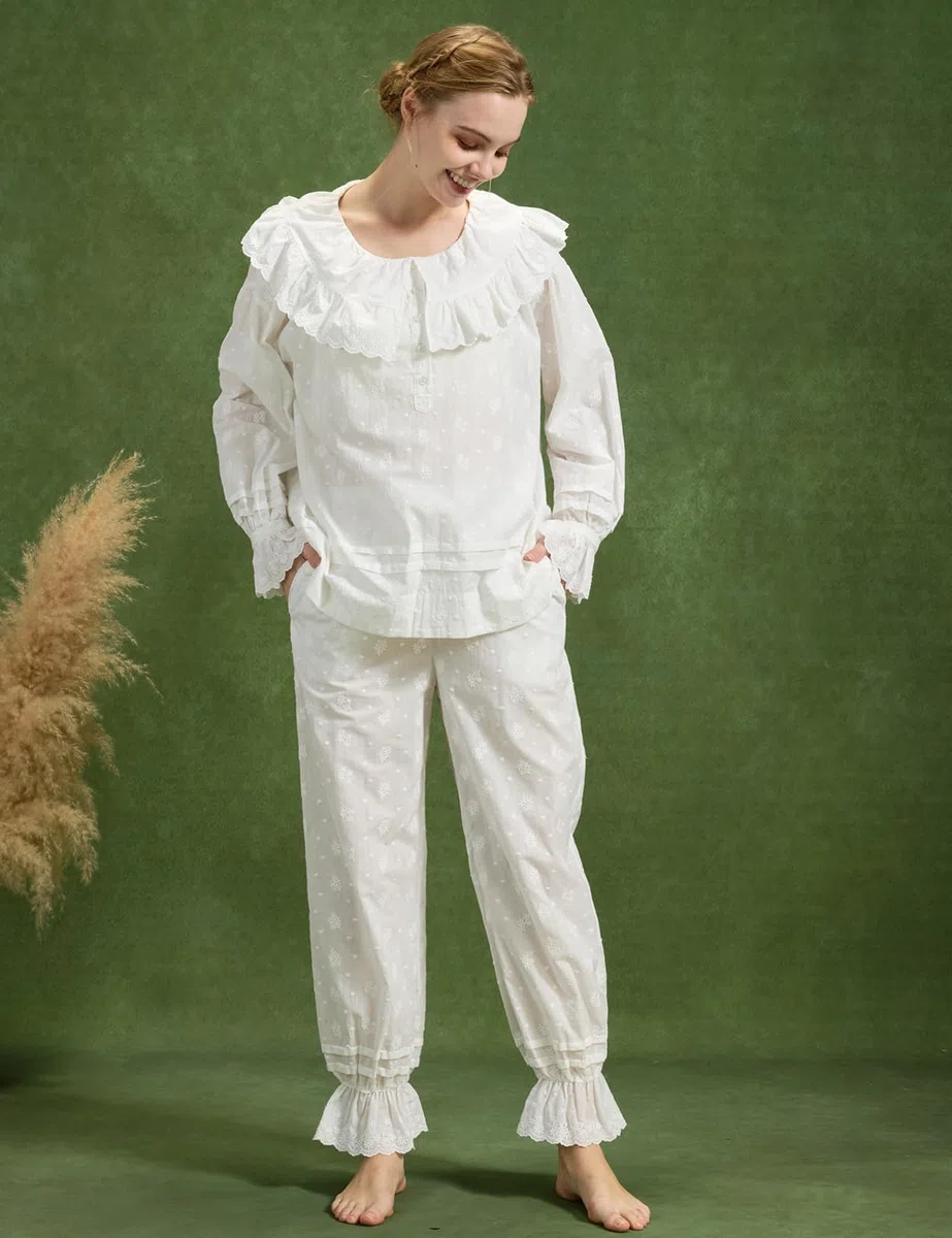 BEAUTELICATE Pantalones de Pijama para Mujer Estilo Vintage Victoriano Pantalones Largos de Algodón con Volantes Cómodos Blanco