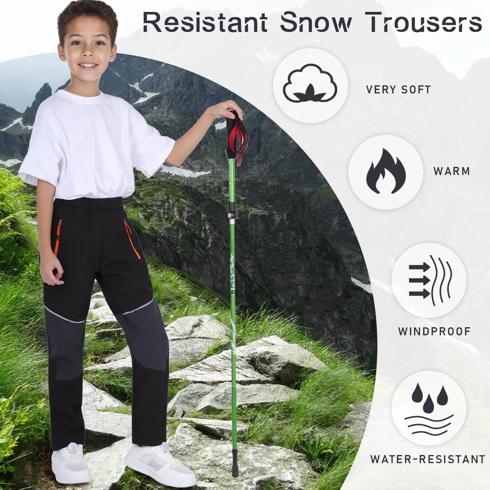 BWBIKE Pantalones de Nieve para Niños con Forro Polar Térmico Forrado al Agua y al Viento, Pantalones de Esquí de Invierno Softshell para Exteriores con Bolsillos con Cremallera para Niños y Niñas